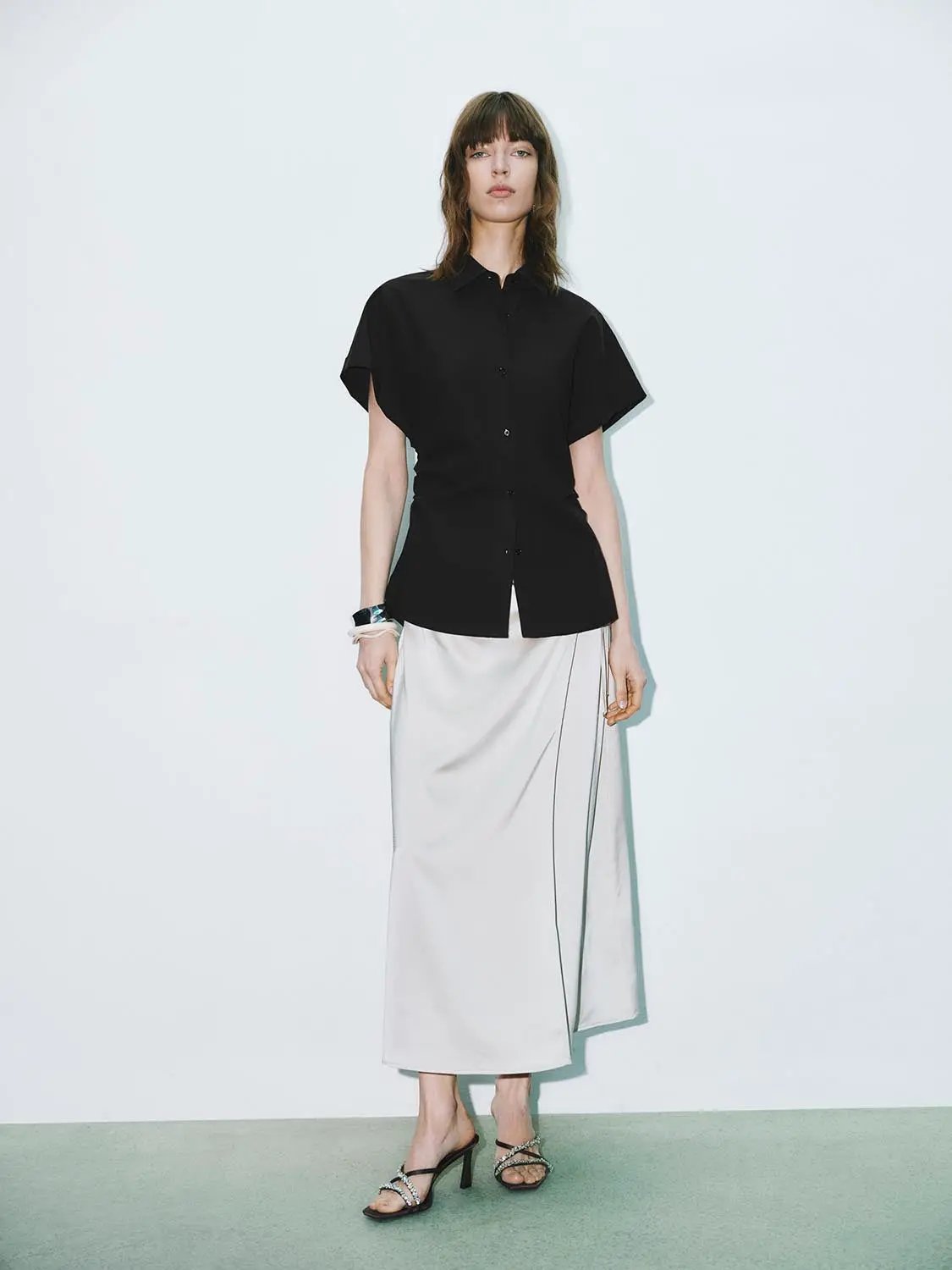 Point Collar Cap Sleeve Side Ruched Waist Cotton Shirt