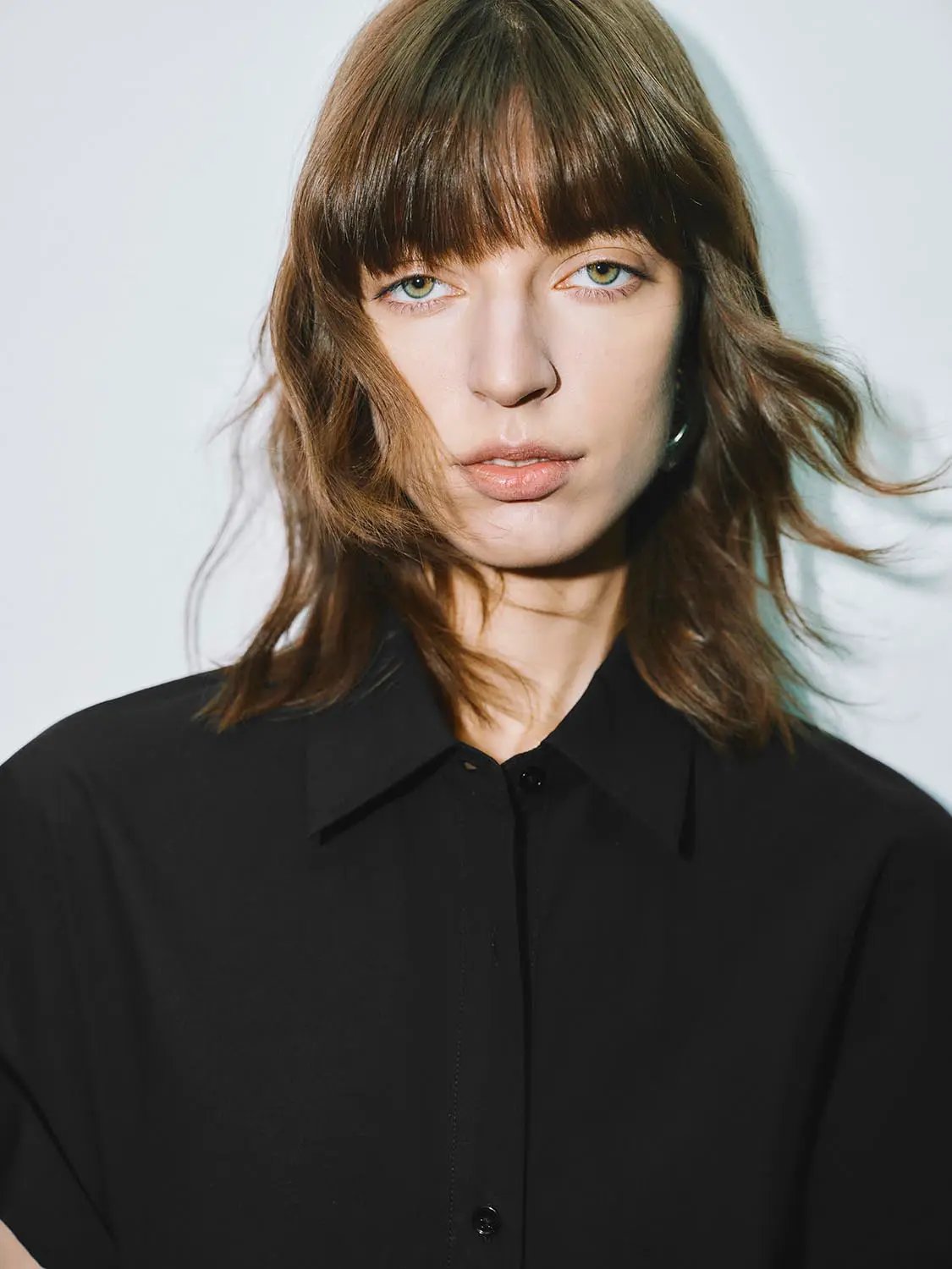 Point Collar Cap Sleeve Side Ruched Waist Cotton Shirt