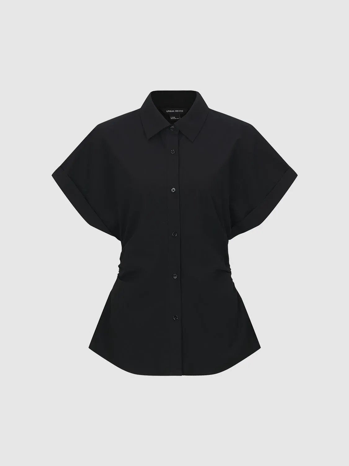 Point Collar Cap Sleeve Side Ruched Waist Cotton Shirt