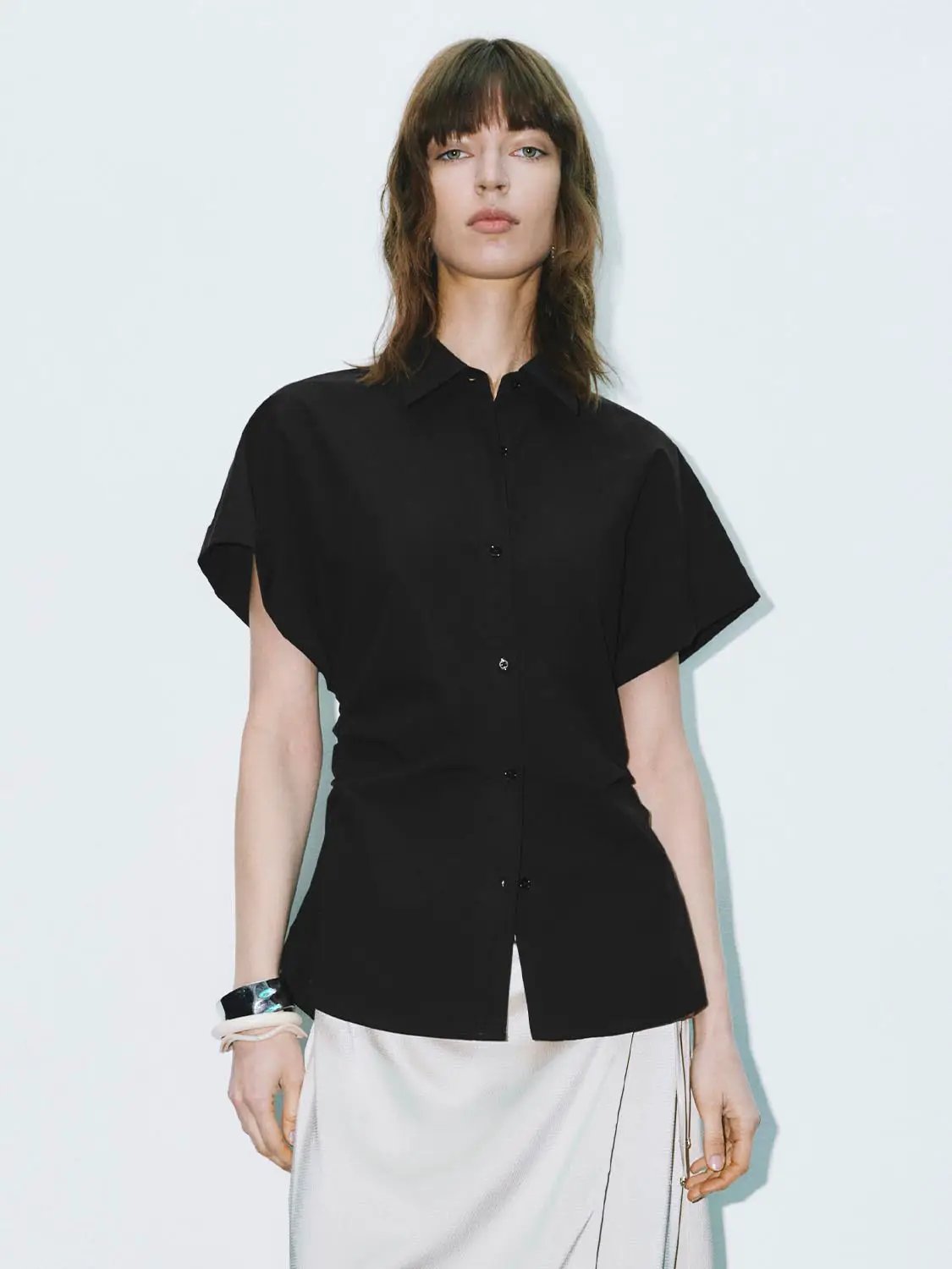 Point Collar Cap Sleeve Side Ruched Waist Cotton Shirt