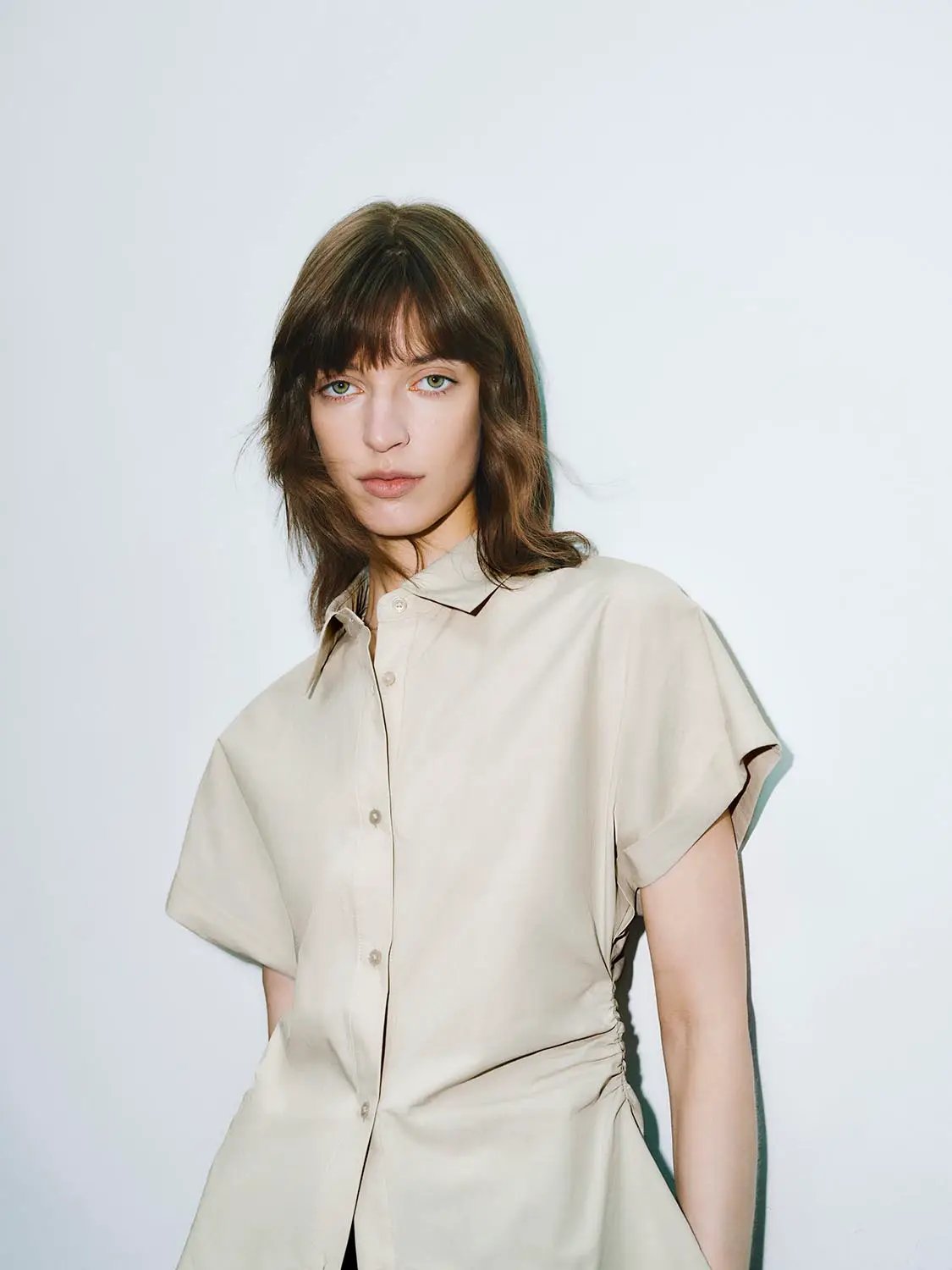 Point Collar Cap Sleeve Side Ruched Waist Cotton Shirt