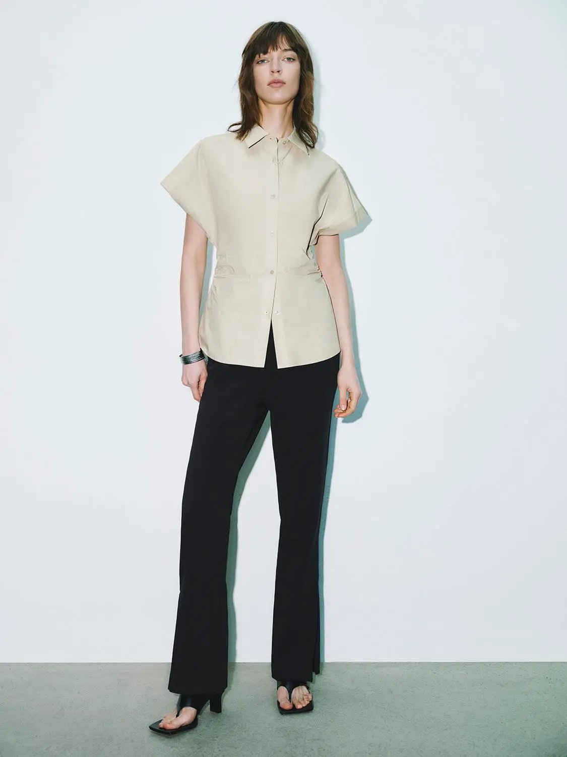 Point Collar Cap Sleeve Side Ruched Waist Cotton Shirt