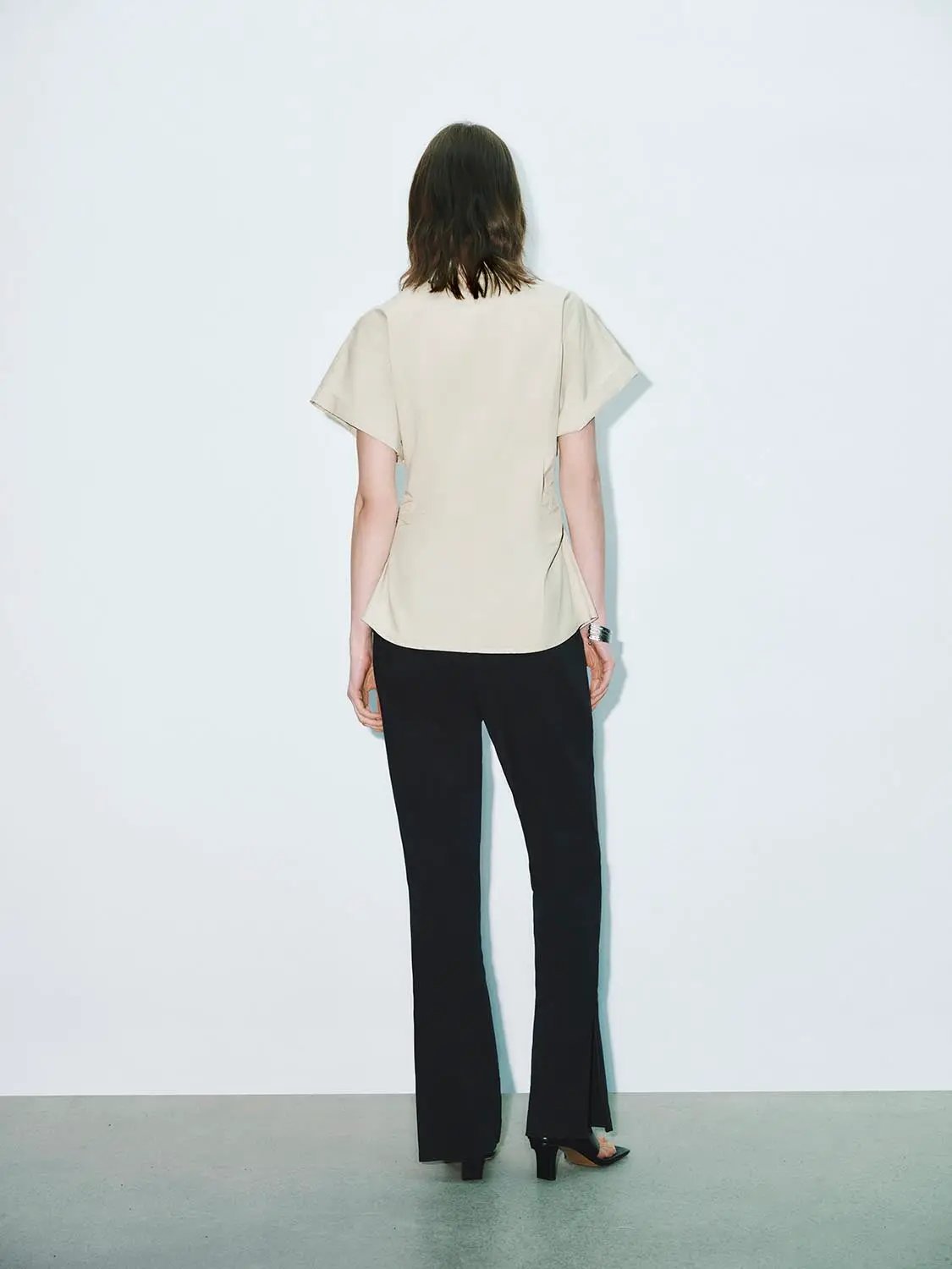 Point Collar Cap Sleeve Side Ruched Waist Cotton Shirt