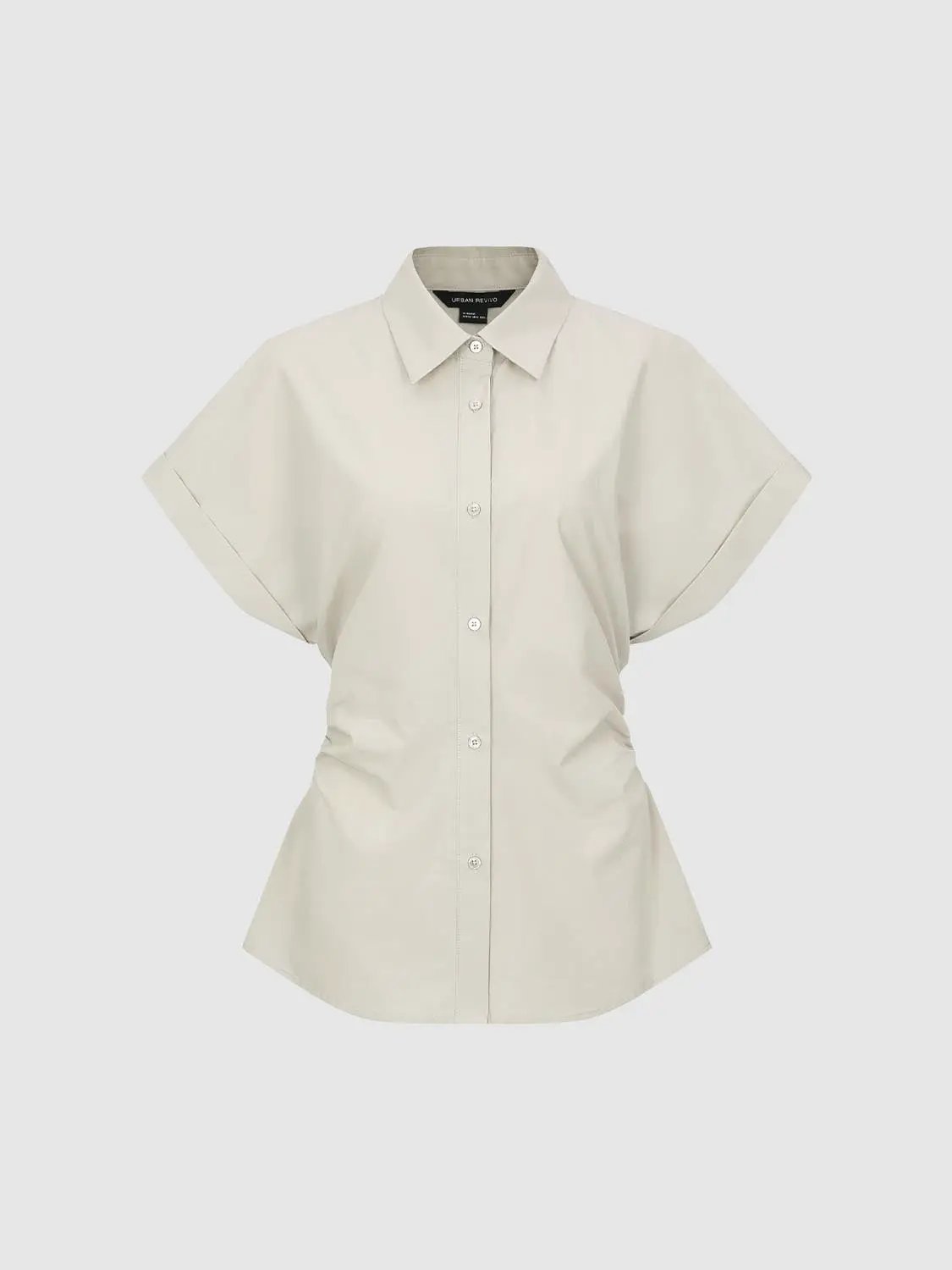 Point Collar Cap Sleeve Side Ruched Waist Cotton Shirt