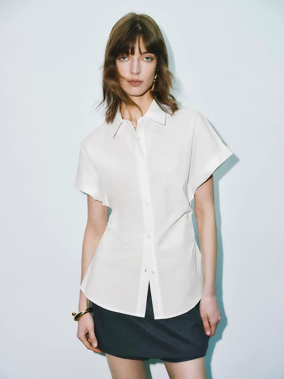Point Collar Cap Sleeve Side Ruched Waist Cotton Shirt
