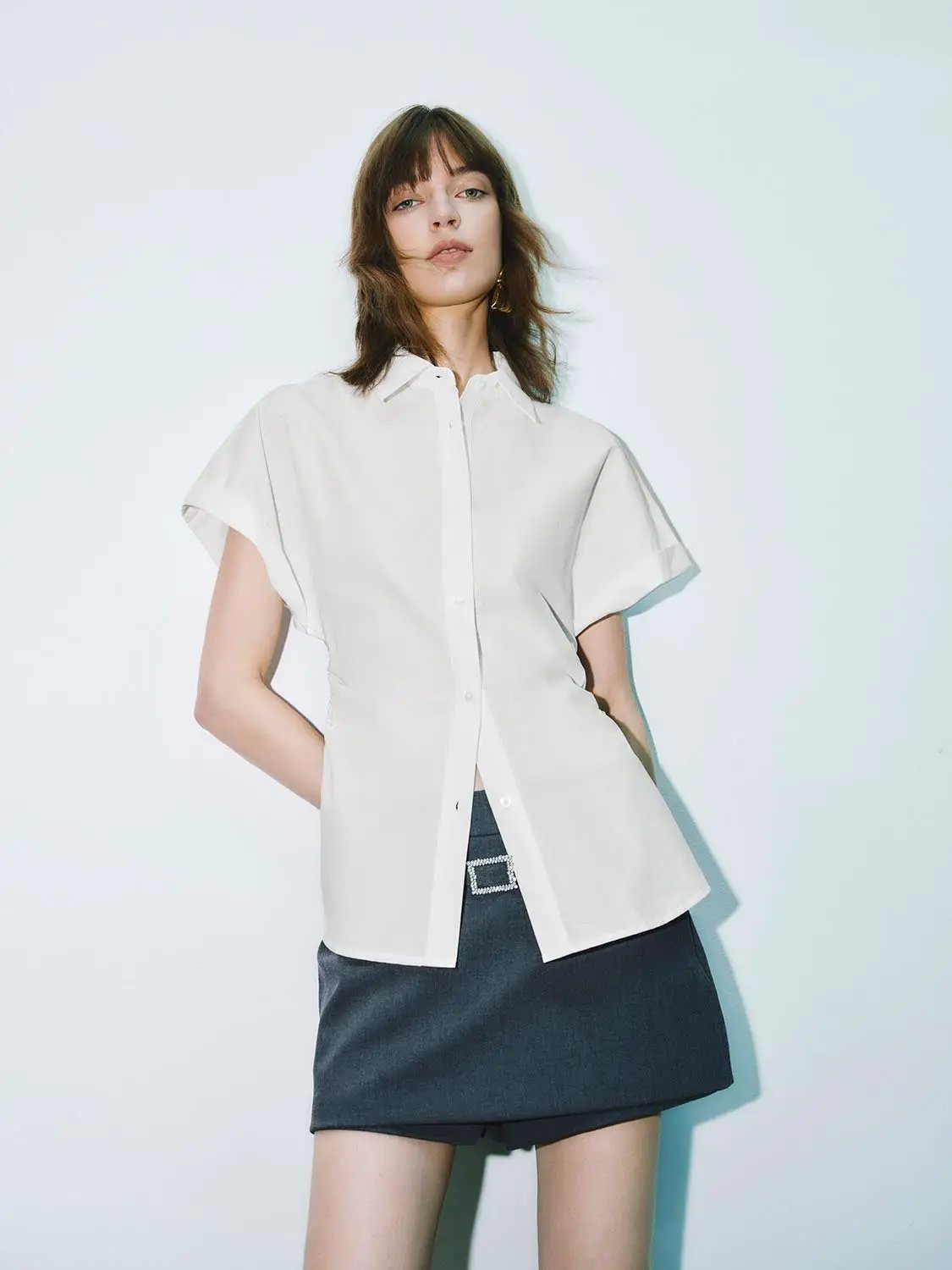 Point Collar Cap Sleeve Side Ruched Waist Cotton Shirt