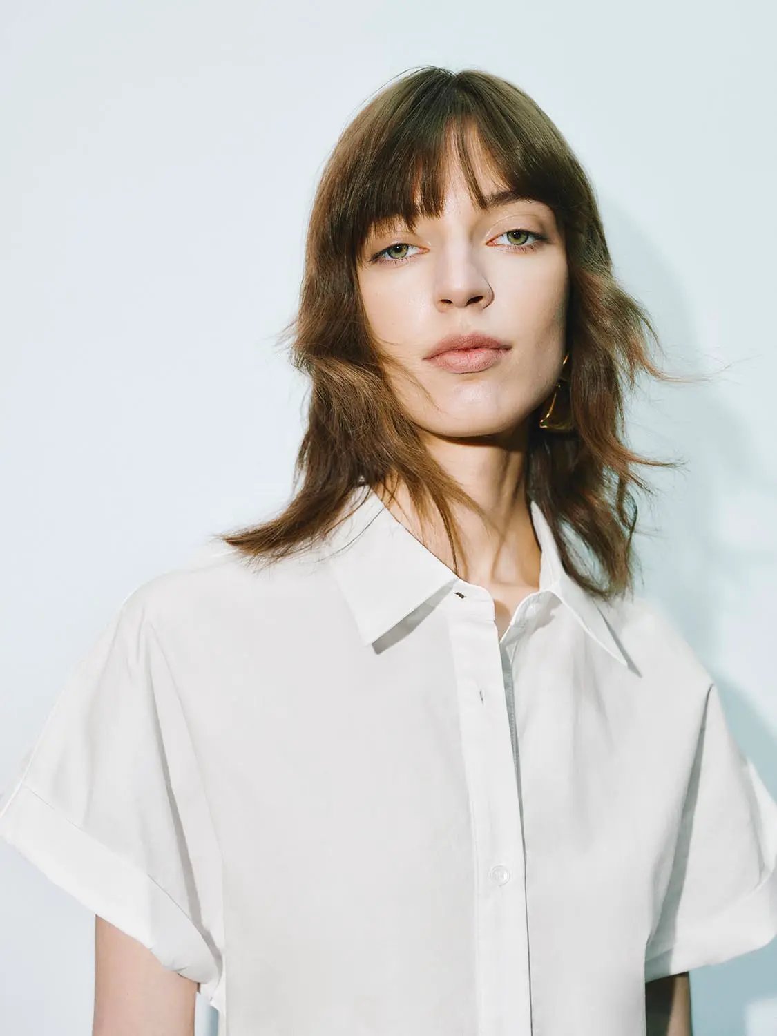 Point Collar Cap Sleeve Side Ruched Waist Cotton Shirt