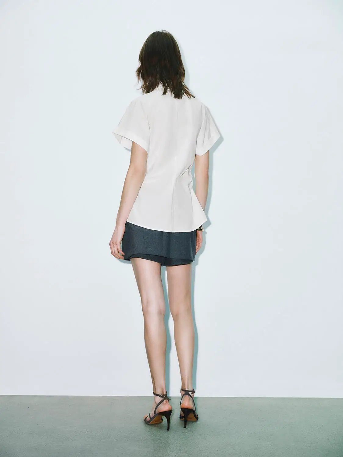 Point Collar Cap Sleeve Side Ruched Waist Cotton Shirt
