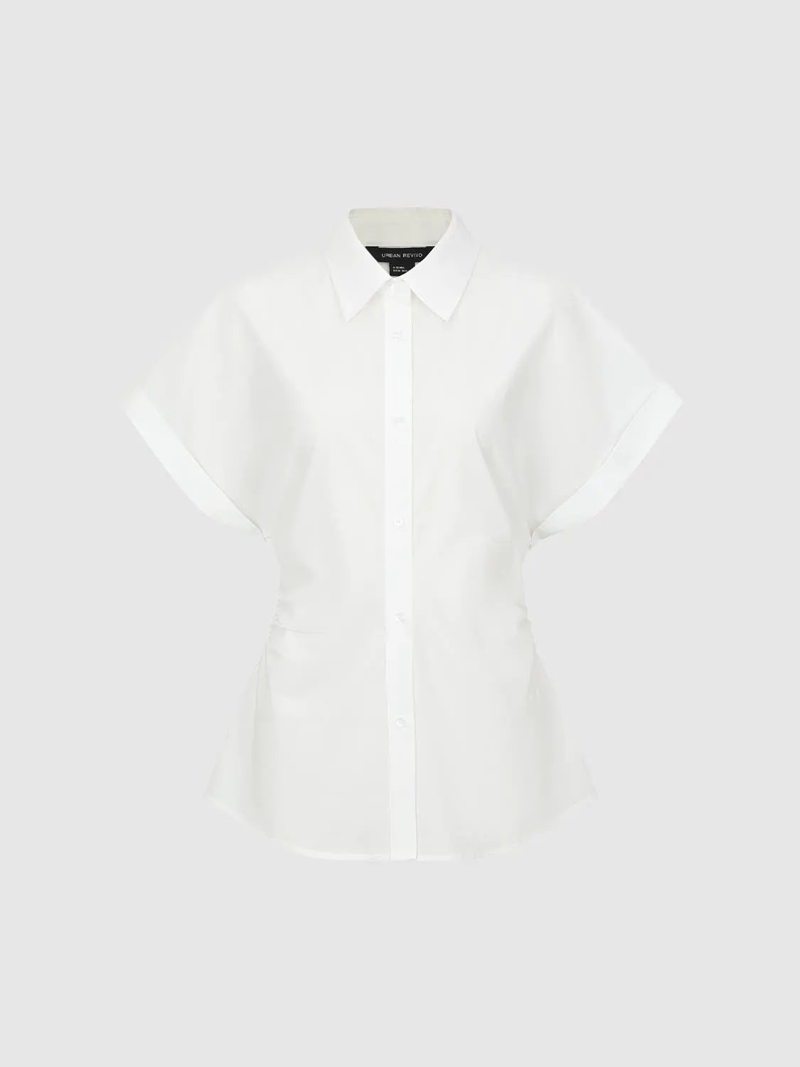 Point Collar Cap Sleeve Side Ruched Waist Cotton Shirt