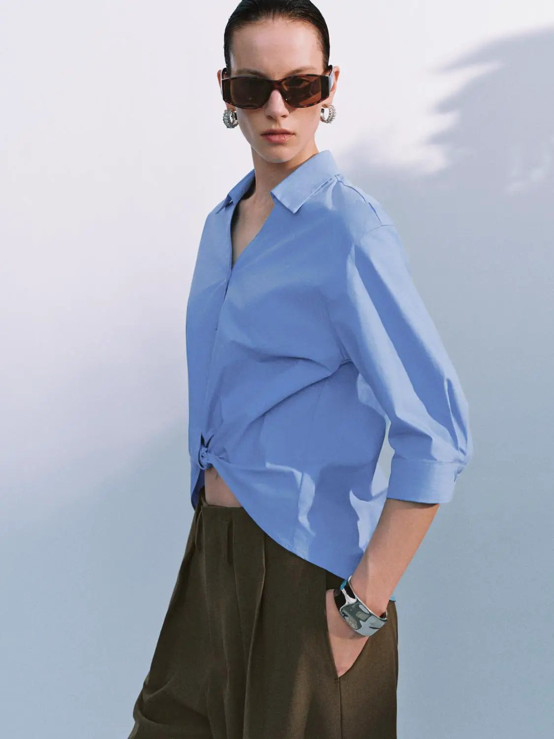 Turn Down Collar Front Knot Relaxed Cotton Button-Down Shirt
