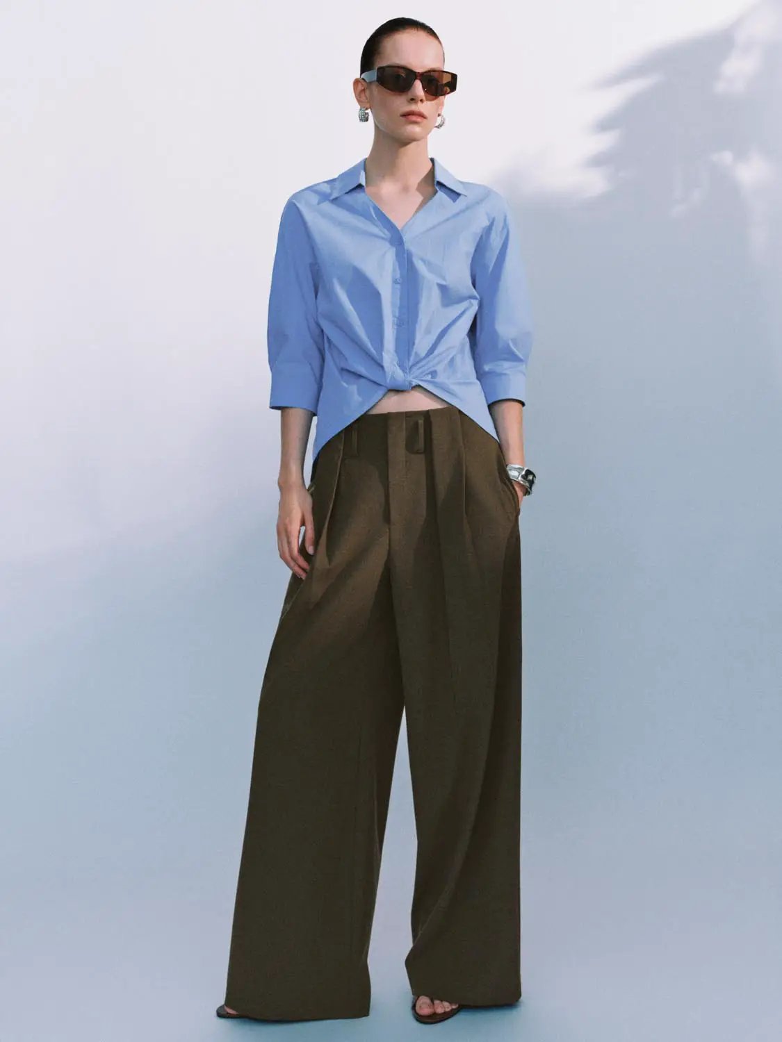 Turn Down Collar Front Knot Relaxed Cotton Button-Down Shirt