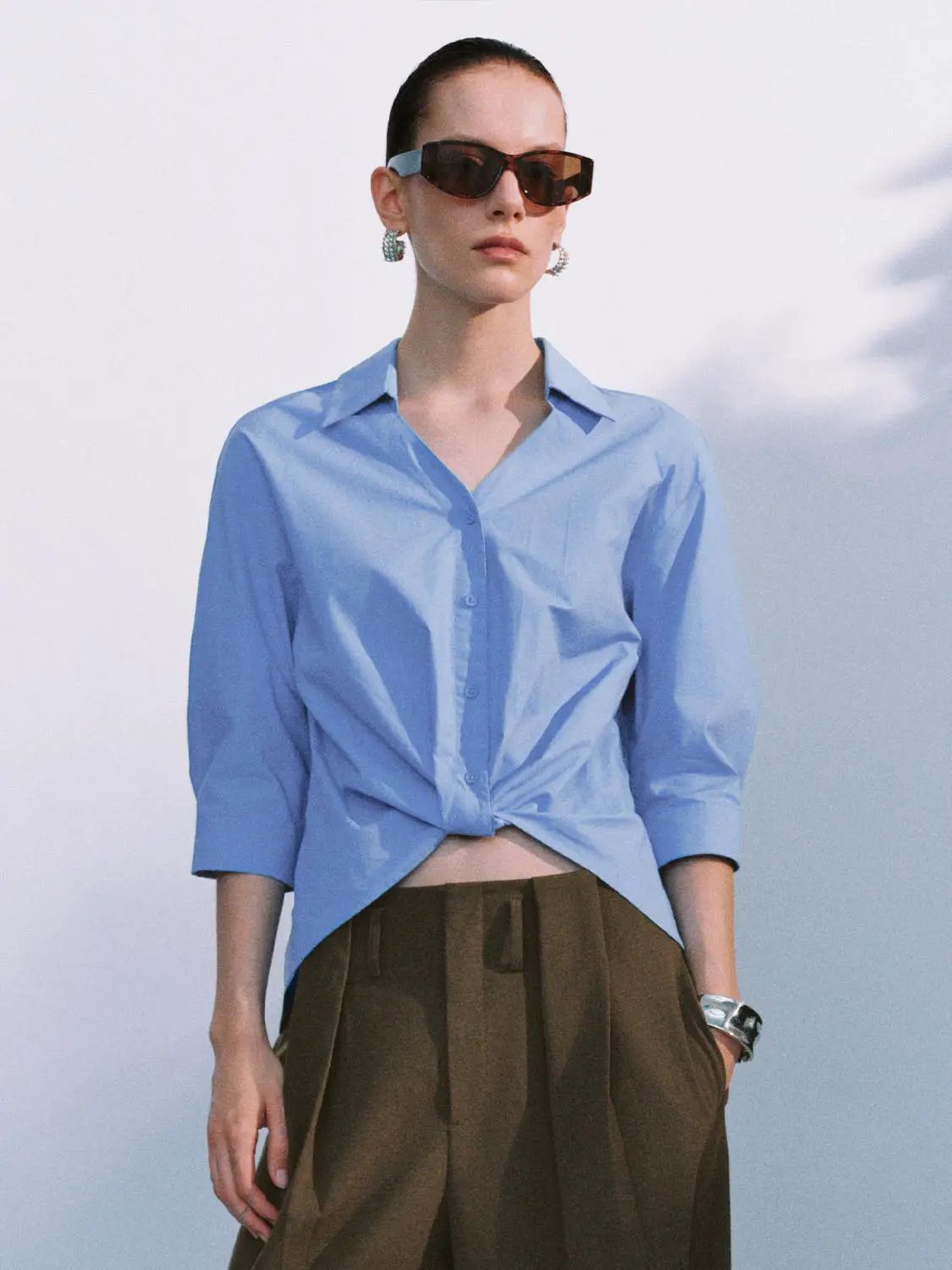Turn Down Collar Front Knot Relaxed Cotton Button-Down Shirt