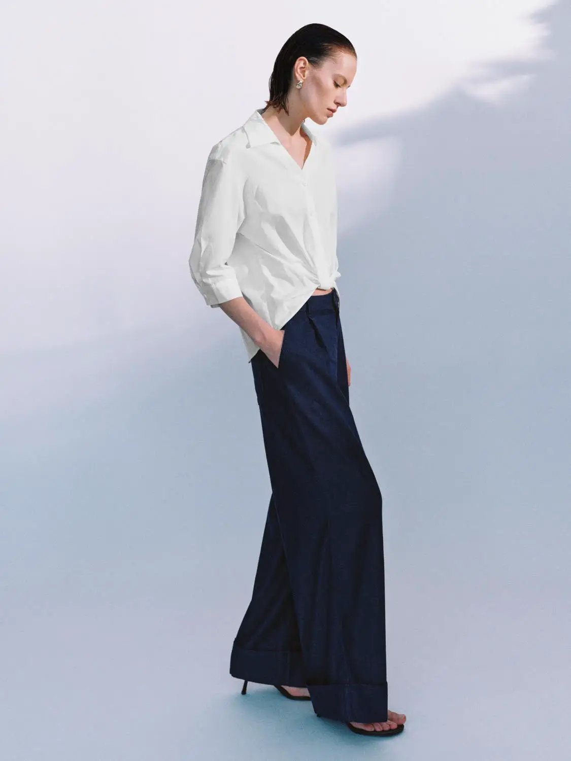 Turn Down Collar Front Knot Relaxed Cotton Button-Down Shirt