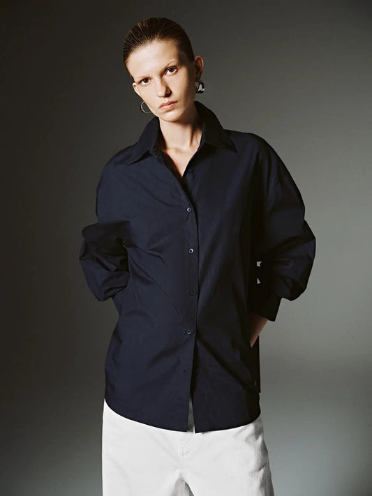 Lapel Collar Long Sleeve Solid Button Up Cotton Shirt