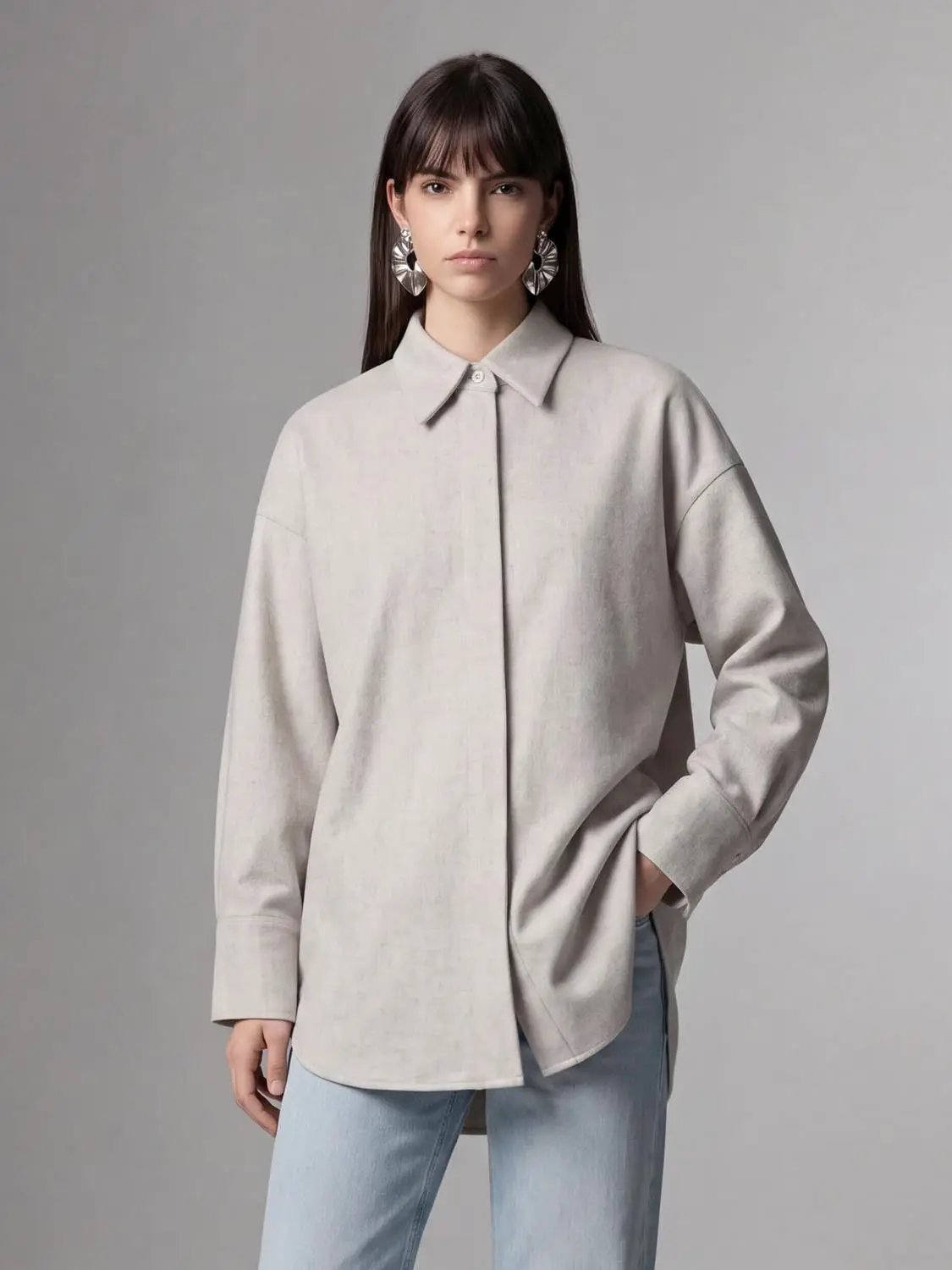 Point Collar Drop Shoulder Wool Blend Shirt
