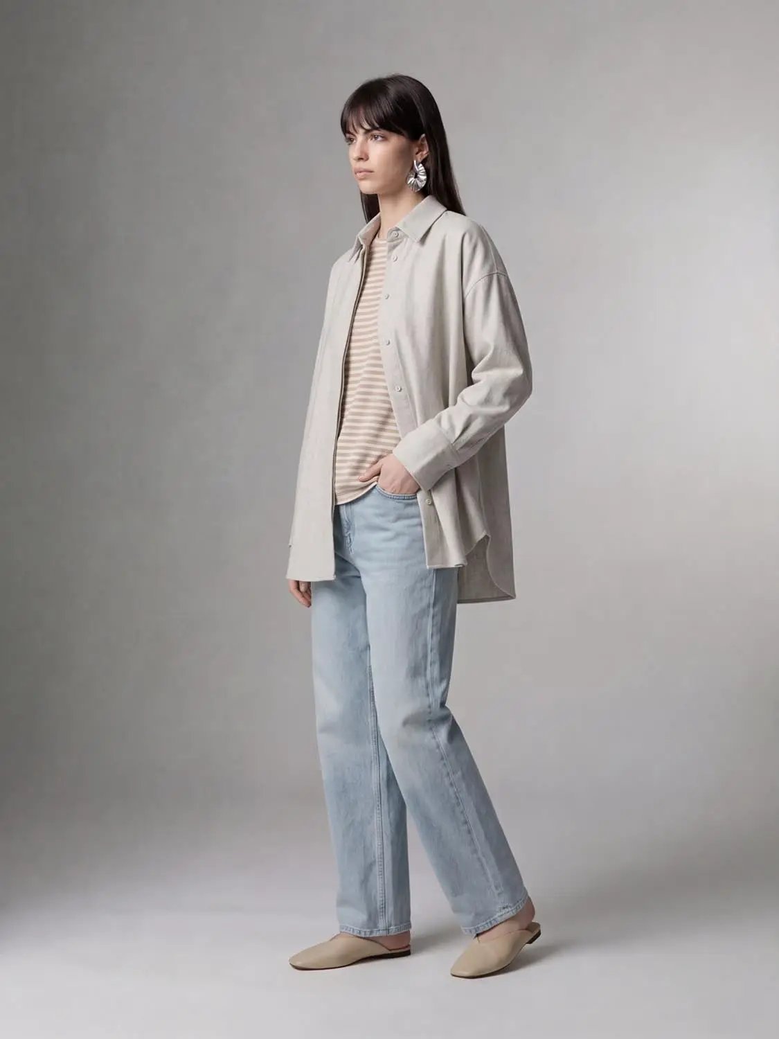 Point Collar Drop Shoulder Wool Blend Shirt