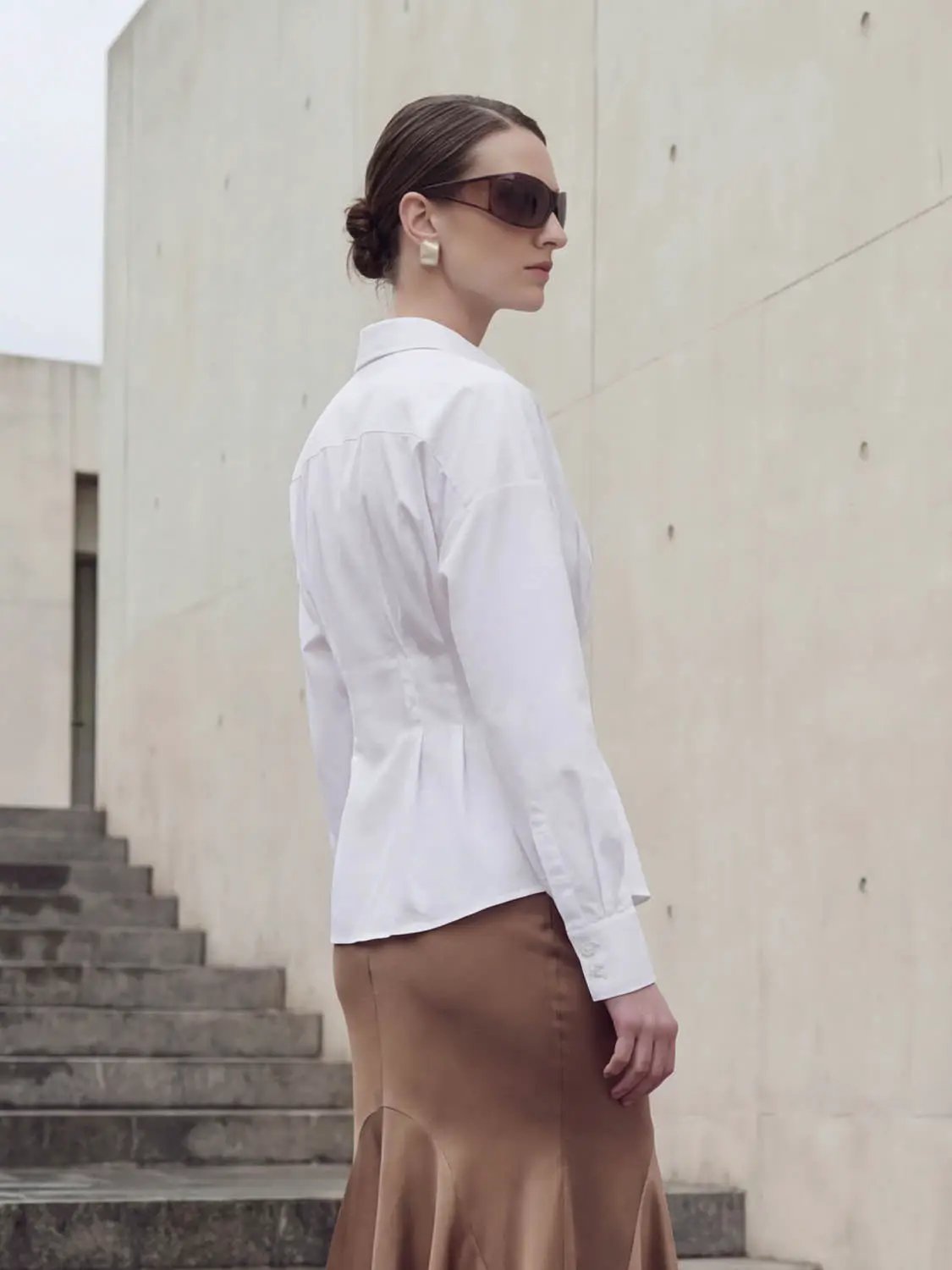 Pleated Nipped Waist Long Sleeve Cotton Shirt