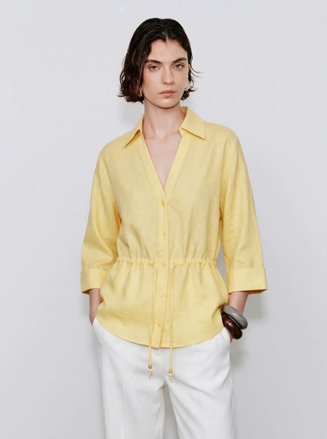 Collared V Neck Drawstring Waist Linen Loose Shirt