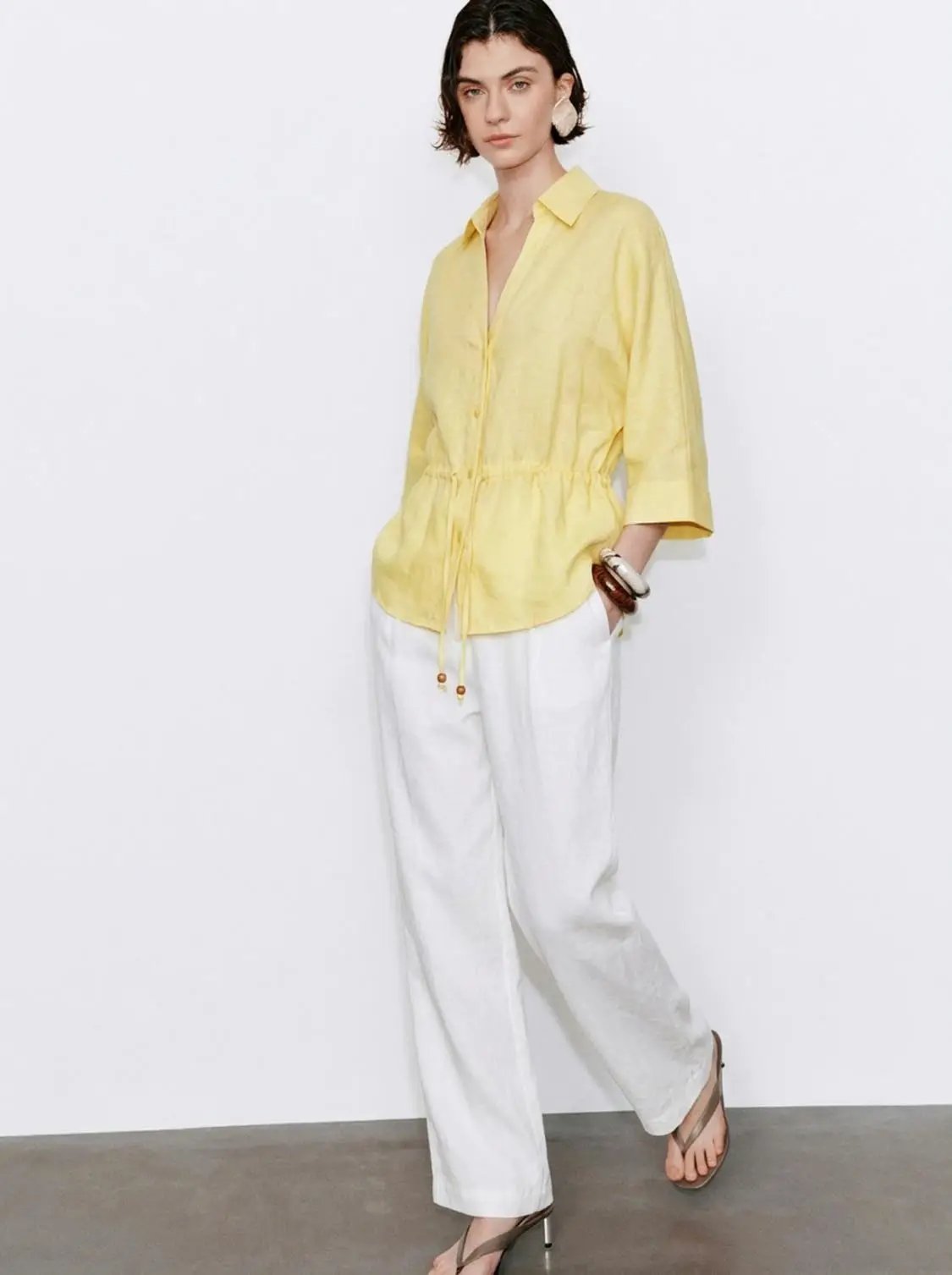 Collared V Neck Drawstring Waist Linen Loose Shirt