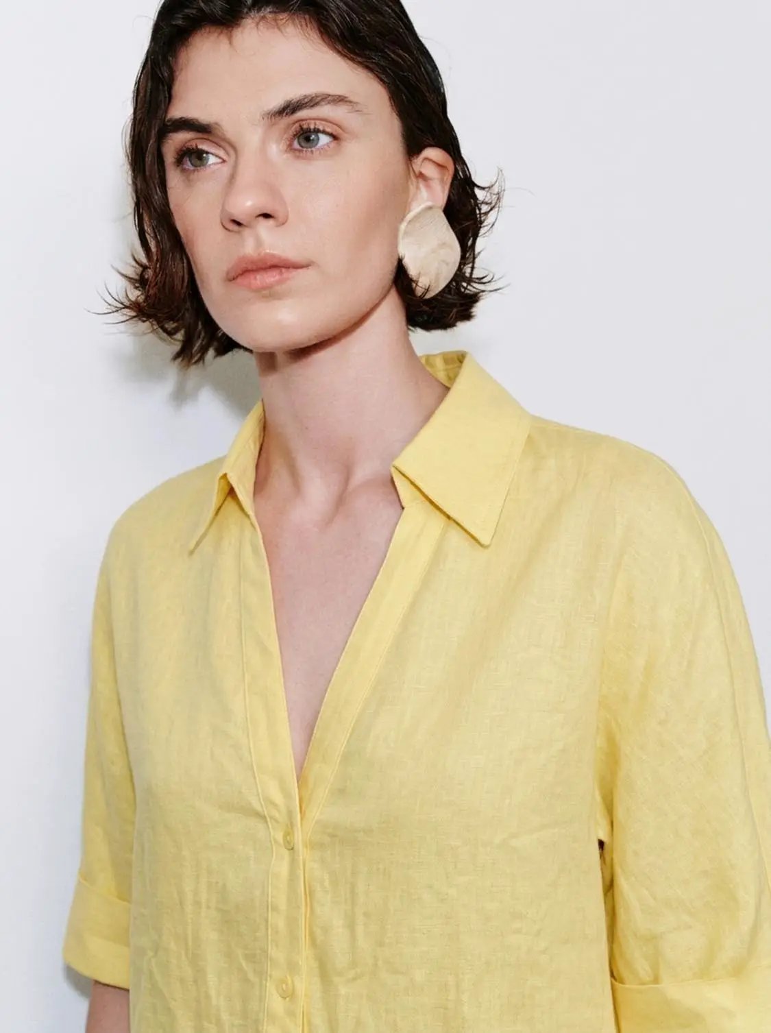 Collared V Neck Drawstring Waist Linen Loose Shirt
