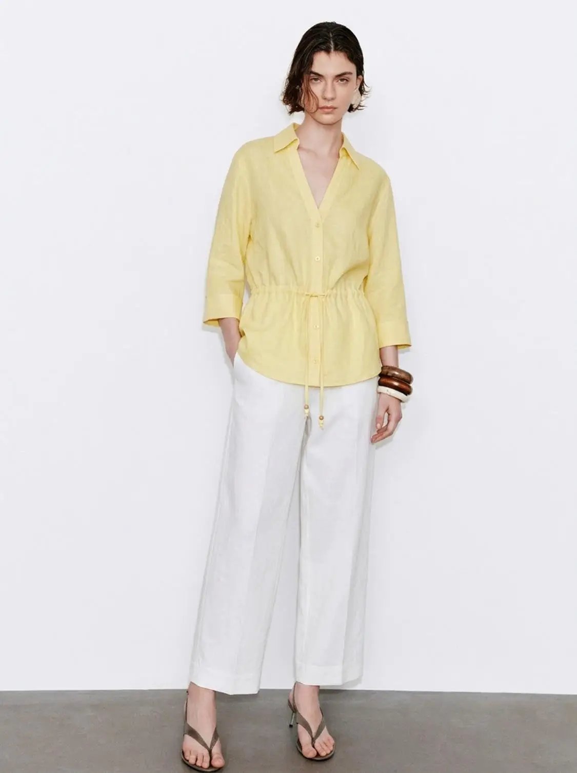 Collared V Neck Drawstring Waist Linen Loose Shirt
