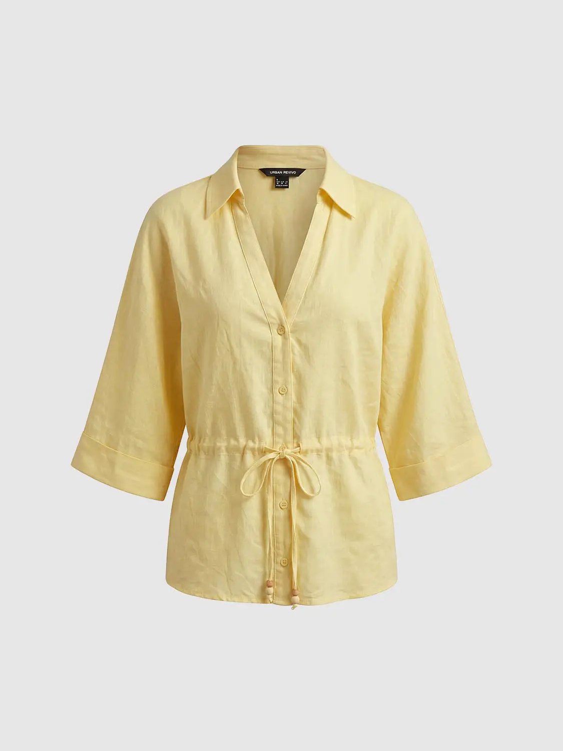 Collared V Neck Drawstring Waist Linen Loose Shirt
