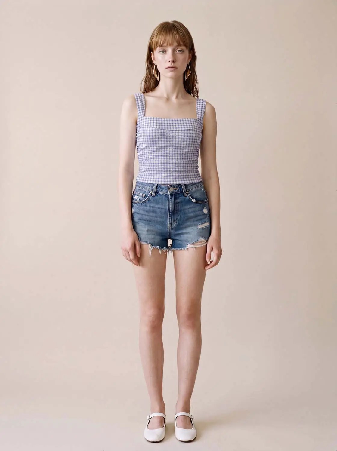 Gingham Square Neck Cropped Wide Strap Tank Top