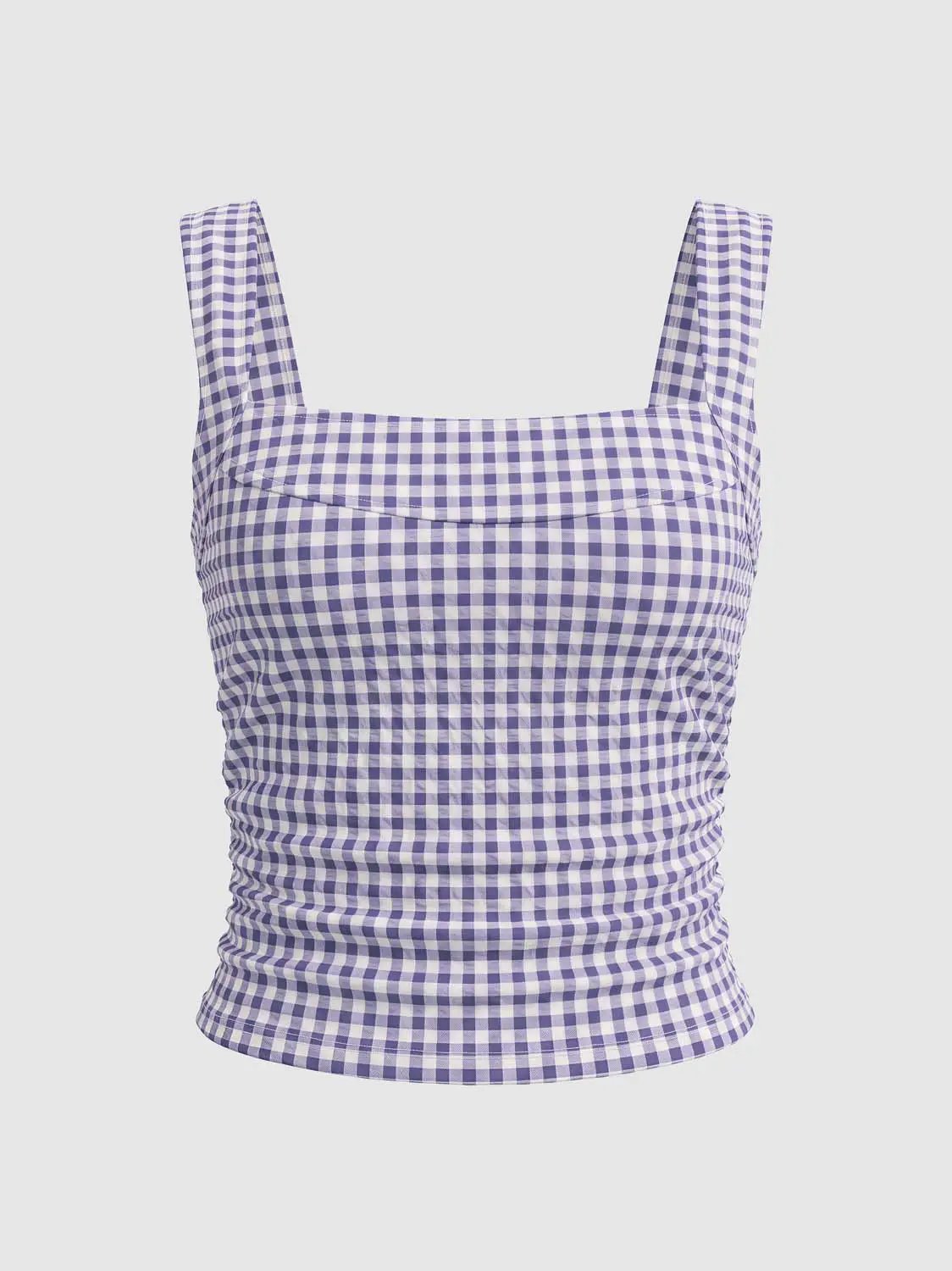 Gingham Square Neck Cropped Wide Strap Tank Top