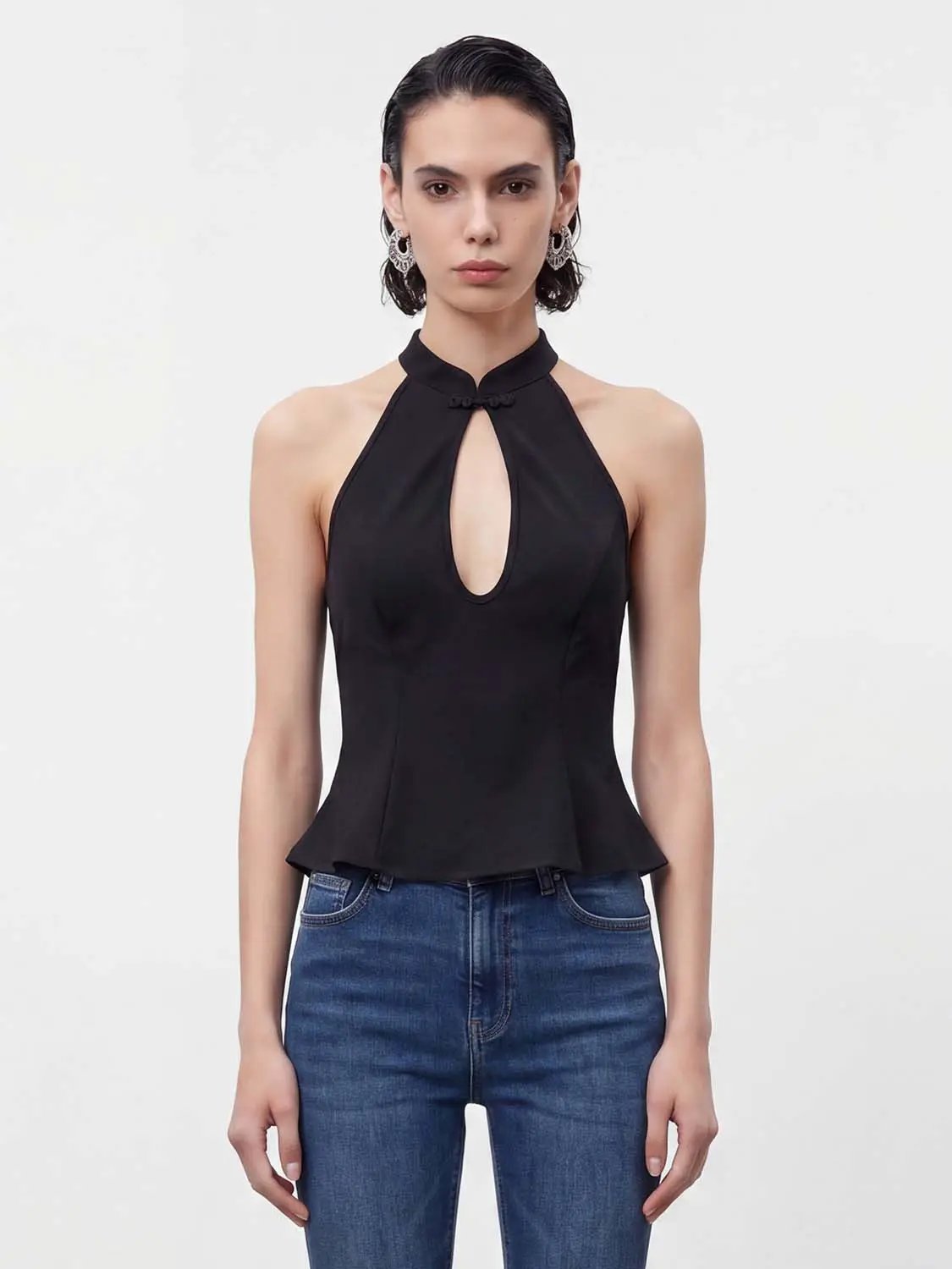 Cheongsam Collar Keyhole Sleeveless Peplum Top