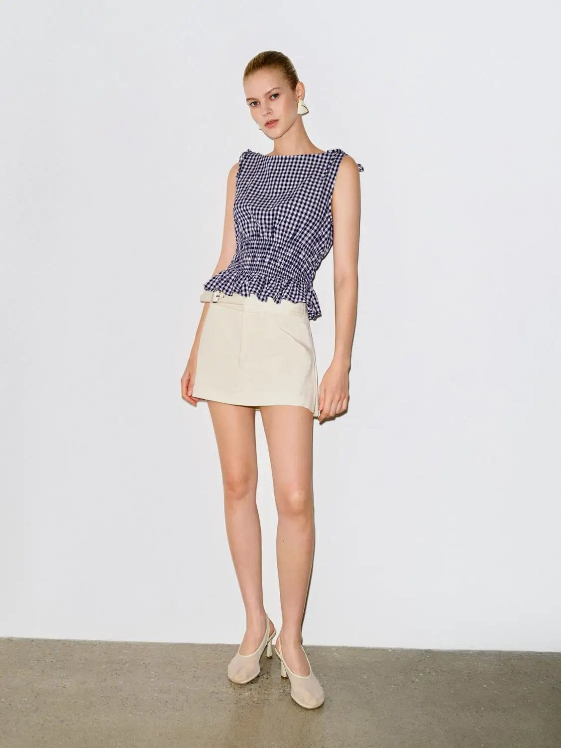Gingham Smocked Waist Peplum Cotton Shirt