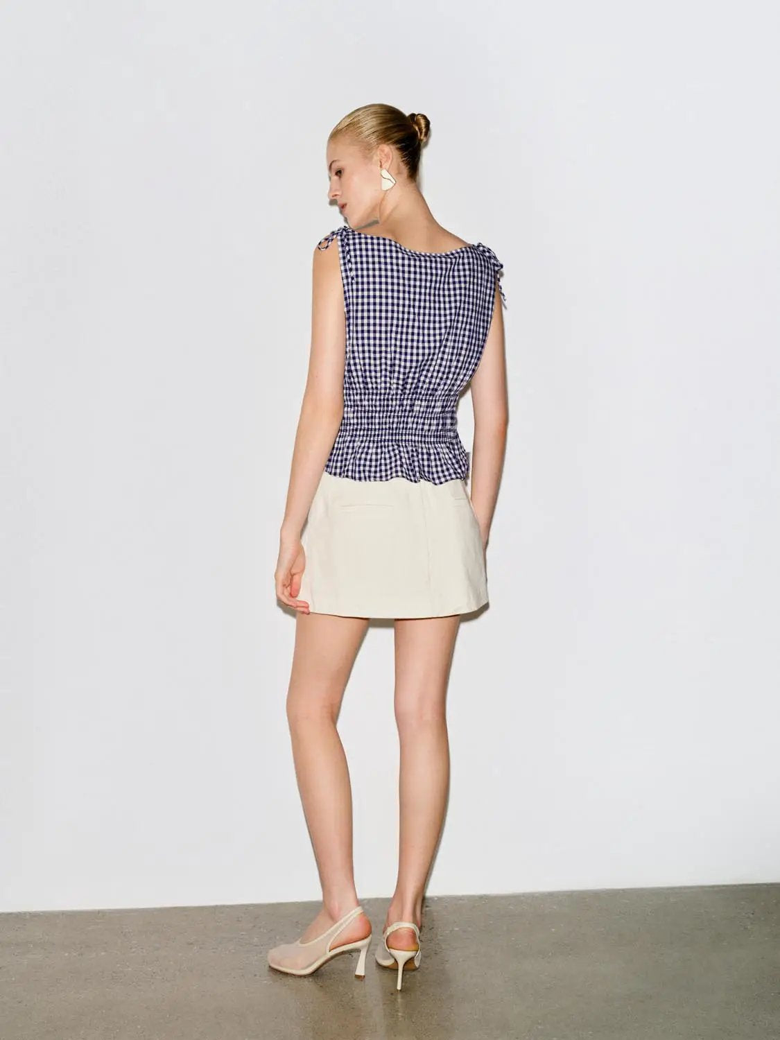 Gingham Smocked Waist Peplum Cotton Shirt