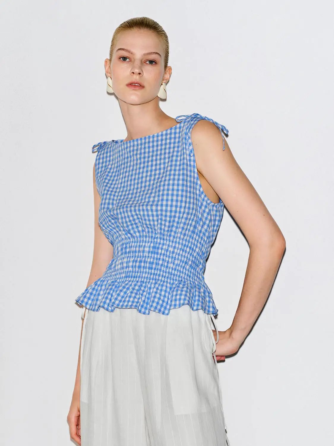 Gingham Smocked Waist Peplum Cotton Shirt
