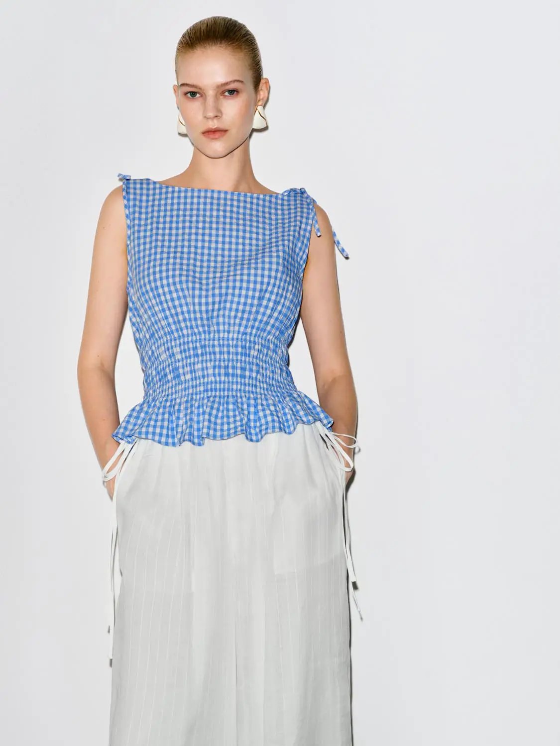 Gingham Smocked Waist Peplum Cotton Shirt