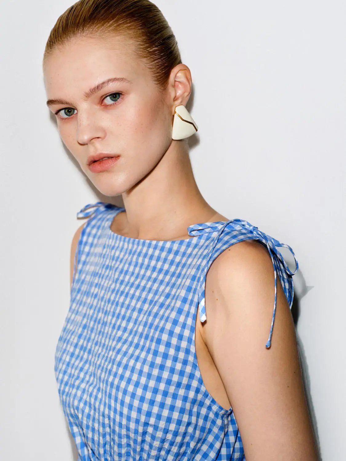 Gingham Smocked Waist Peplum Cotton Shirt
