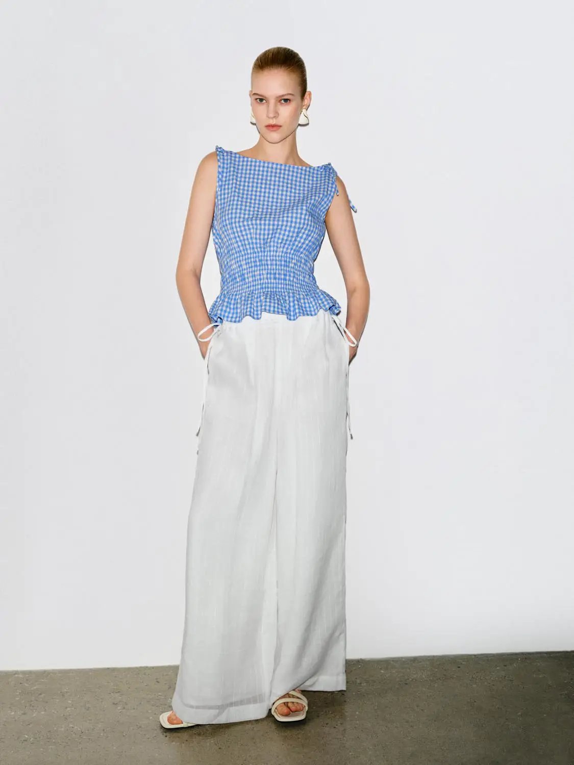 Gingham Smocked Waist Peplum Cotton Shirt