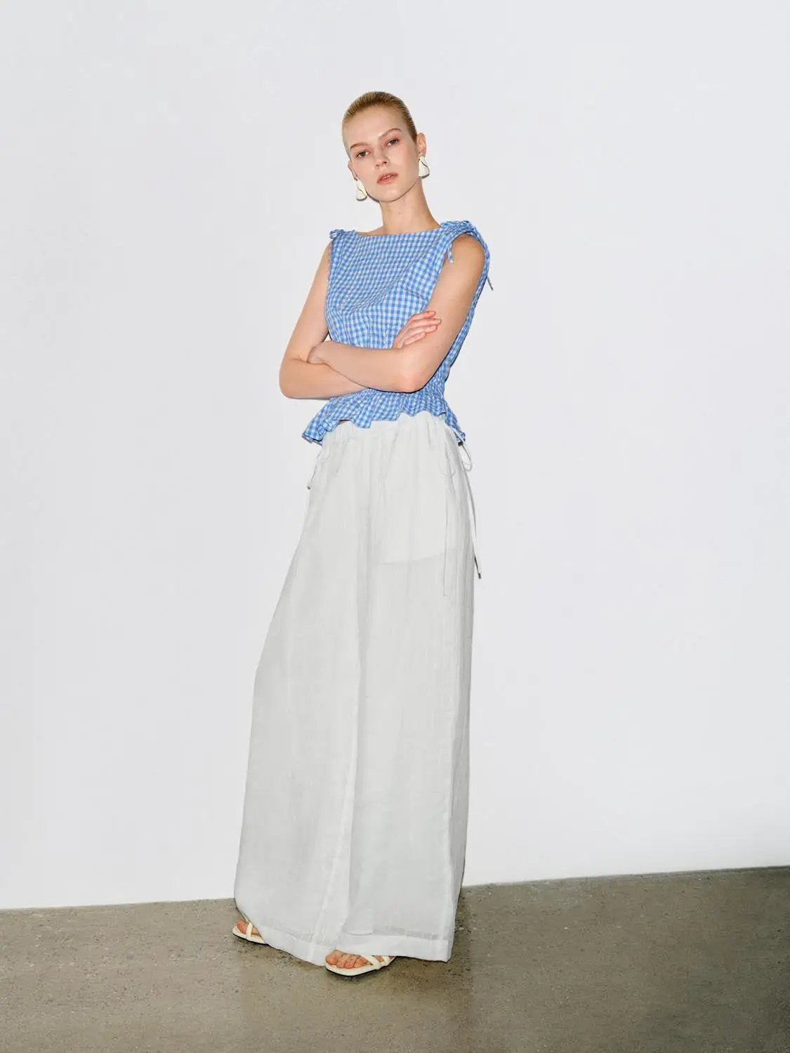 Gingham Smocked Waist Peplum Cotton Shirt