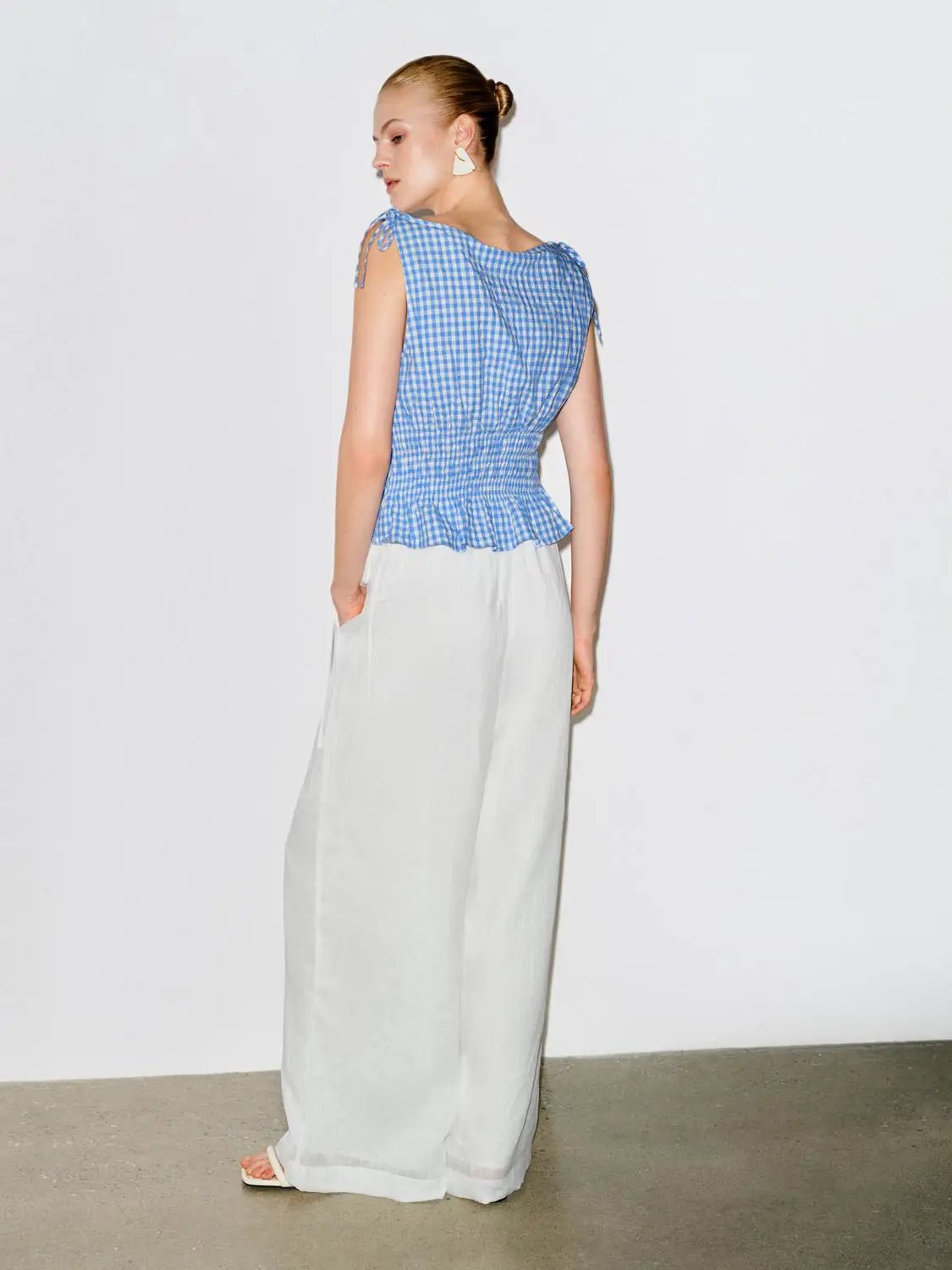 Gingham Smocked Waist Peplum Cotton Shirt