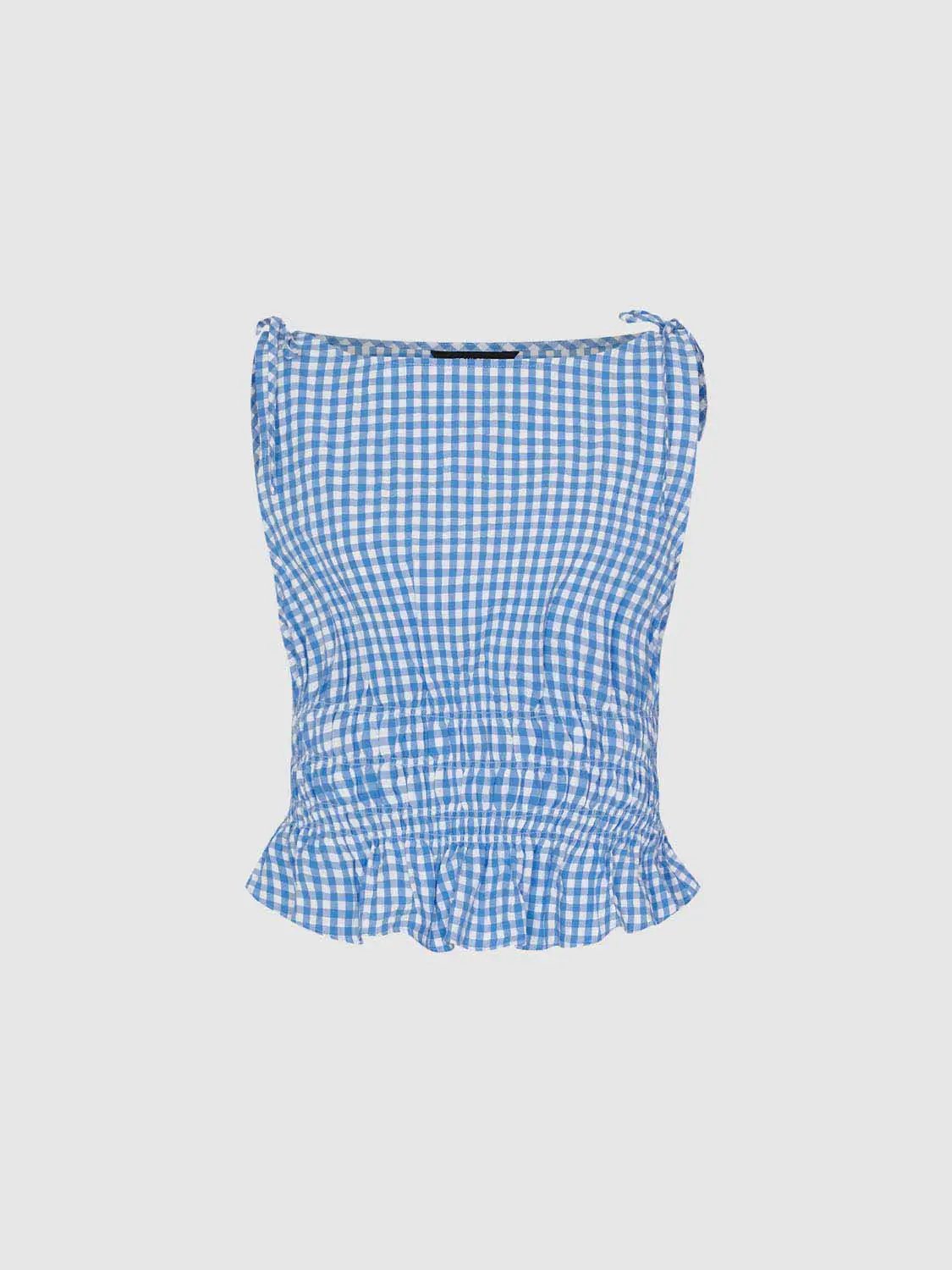 Gingham Smocked Waist Peplum Cotton Shirt
