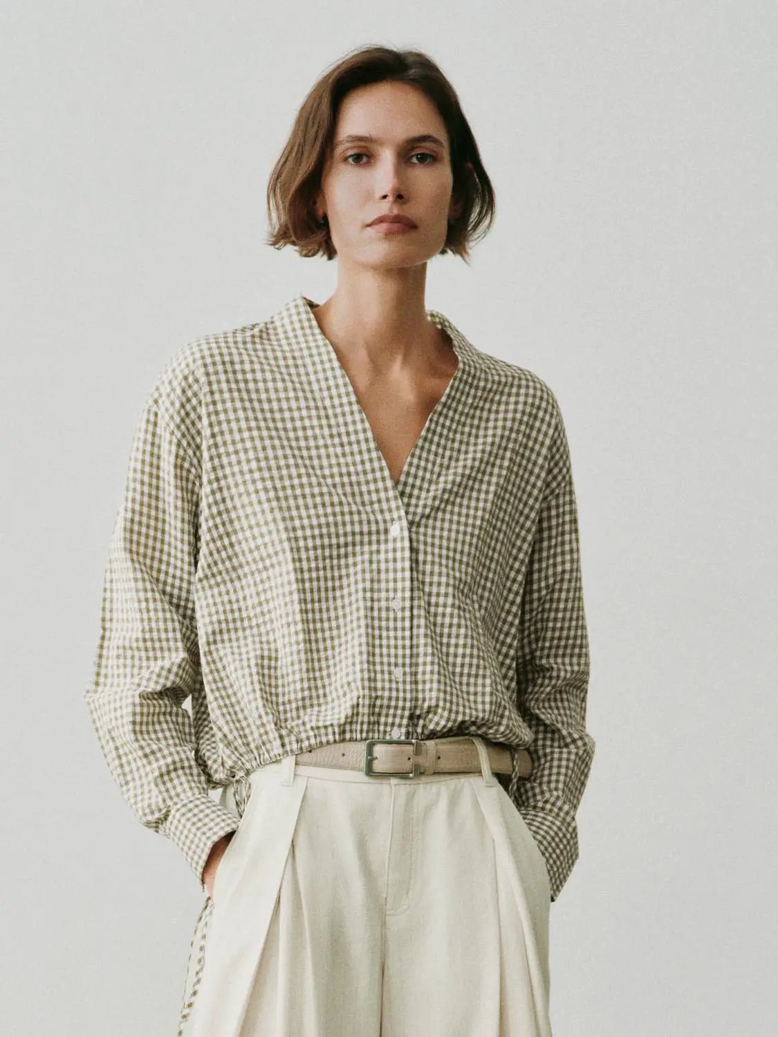 Checked Long Sleeve Tie Waist Cotton Shirt