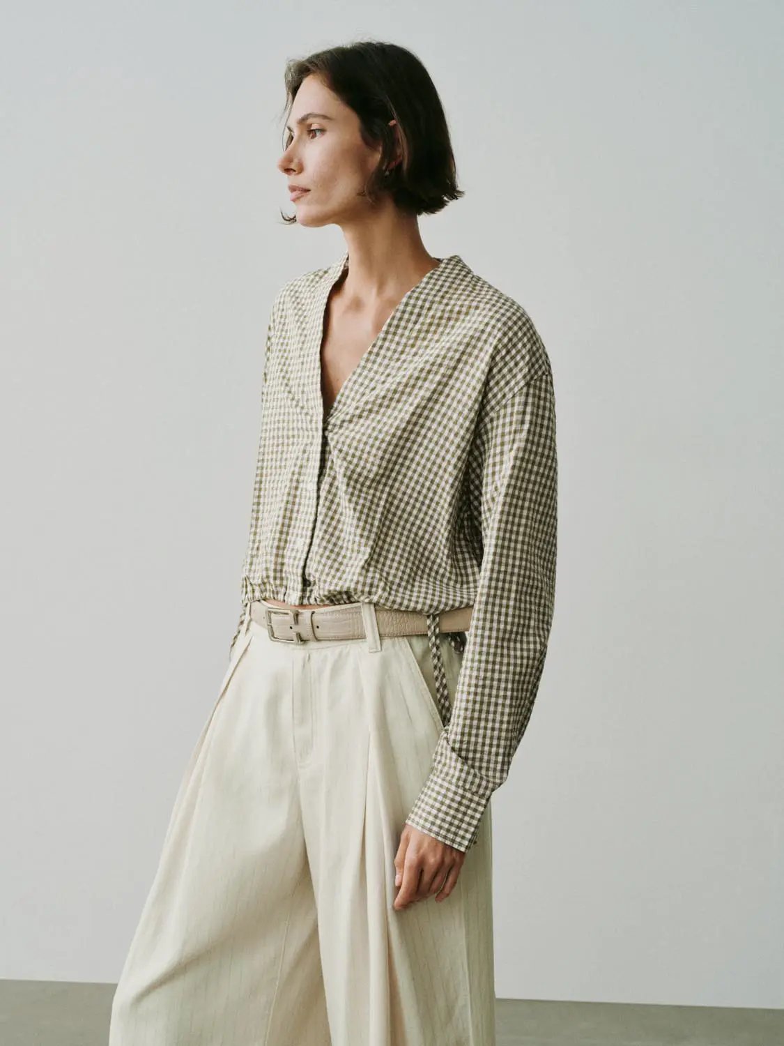 Checked Long Sleeve Tie Waist Cotton Shirt