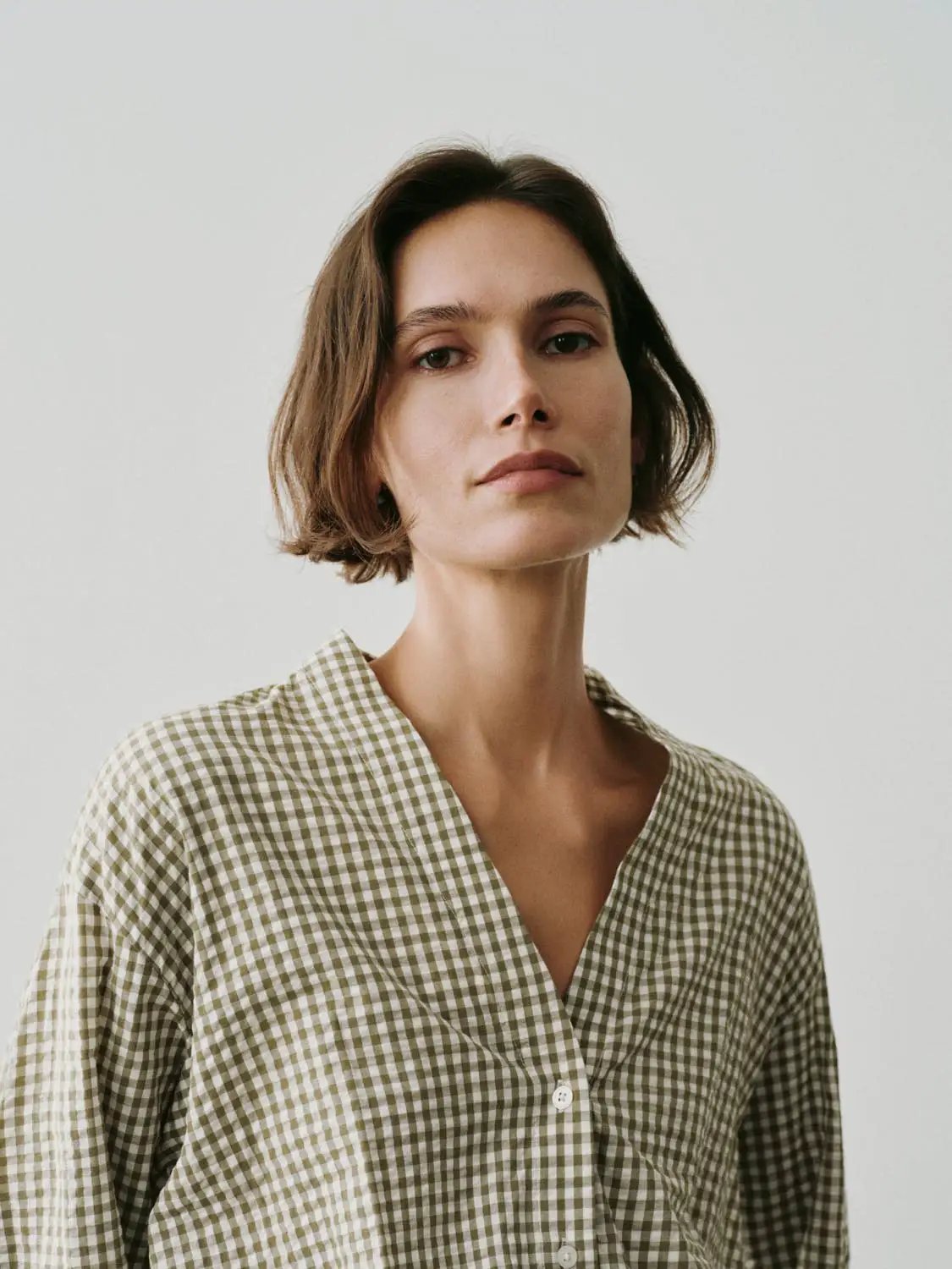 Checked Long Sleeve Tie Waist Cotton Shirt