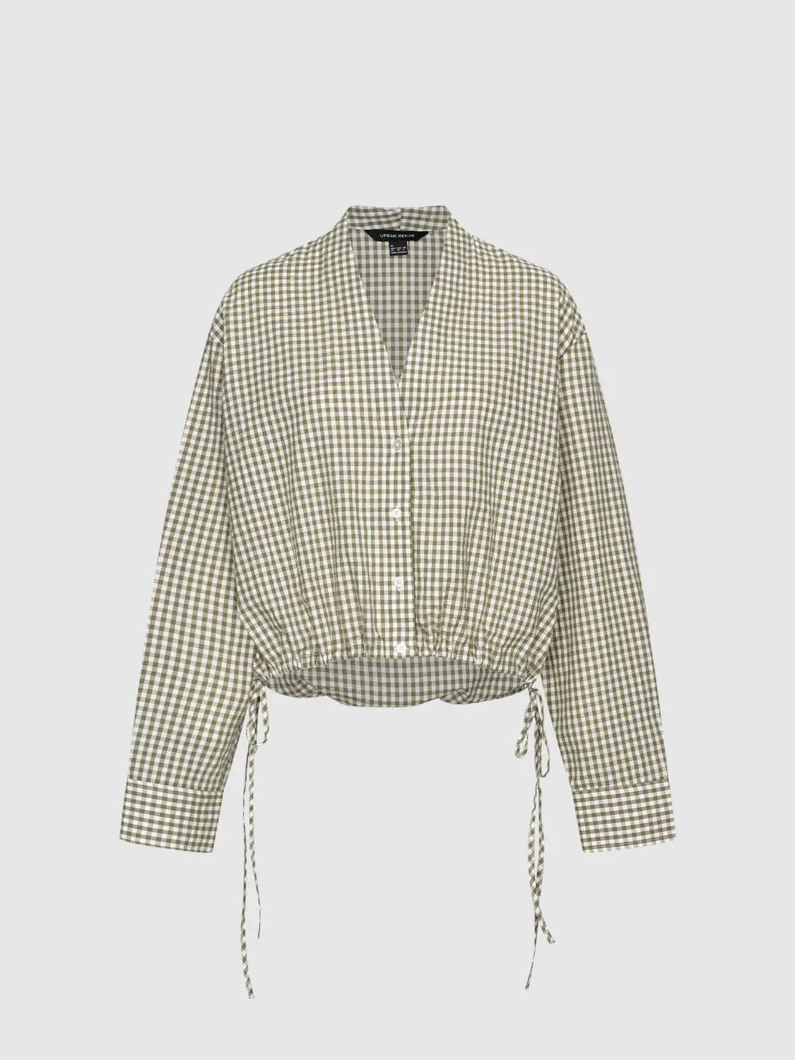 Checked Long Sleeve Tie Waist Cotton Shirt