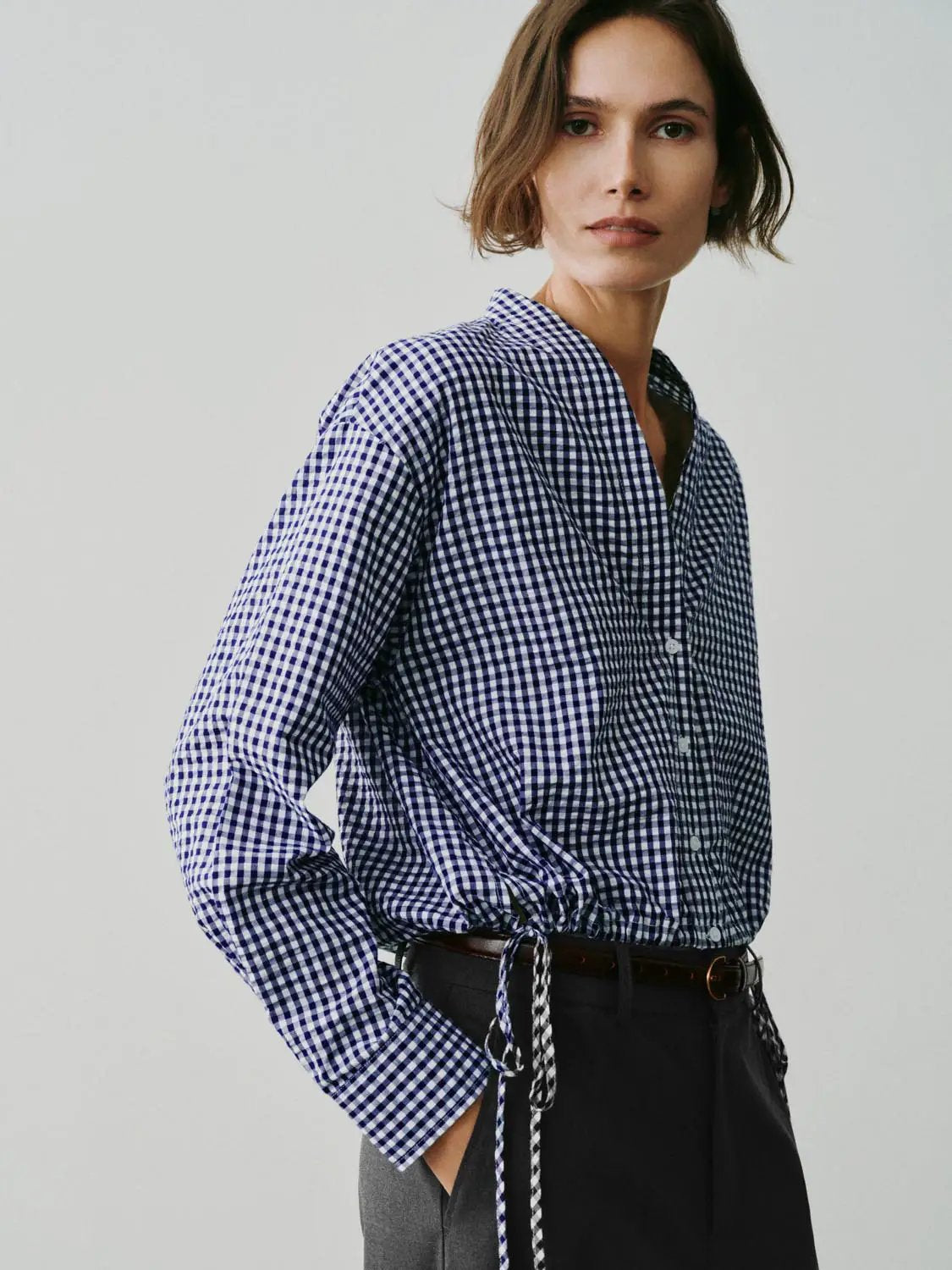 Checked Long Sleeve Tie Waist Cotton Shirt