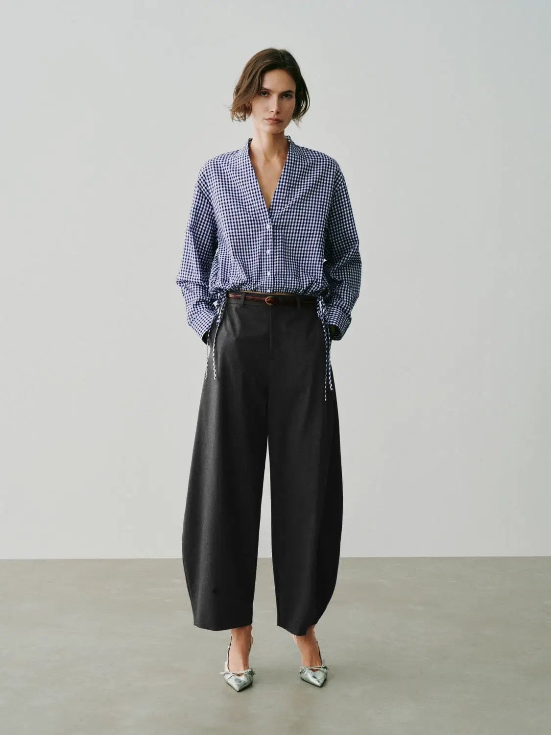 Checked Long Sleeve Tie Waist Cotton Shirt