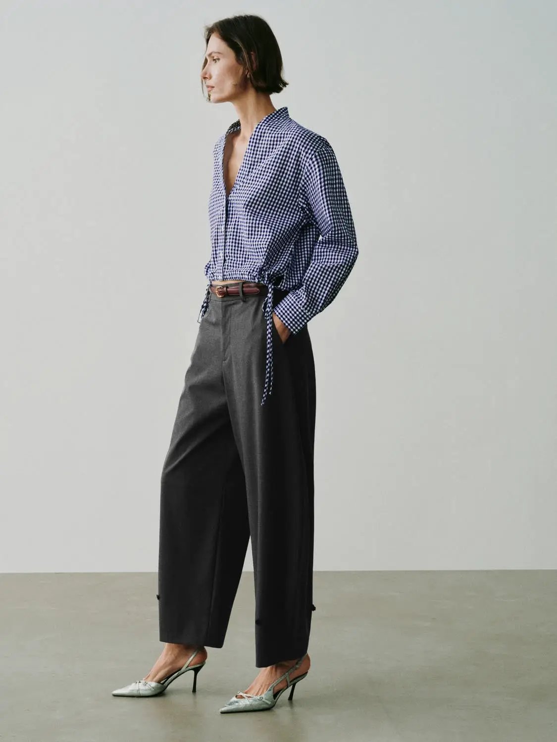 Checked Long Sleeve Tie Waist Cotton Shirt