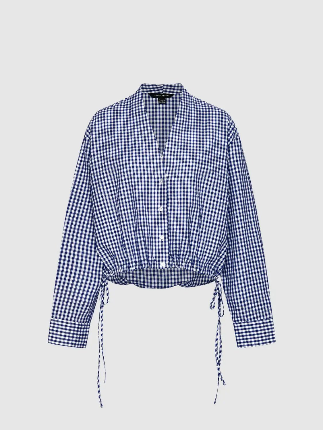 Checked Long Sleeve Tie Waist Cotton Shirt