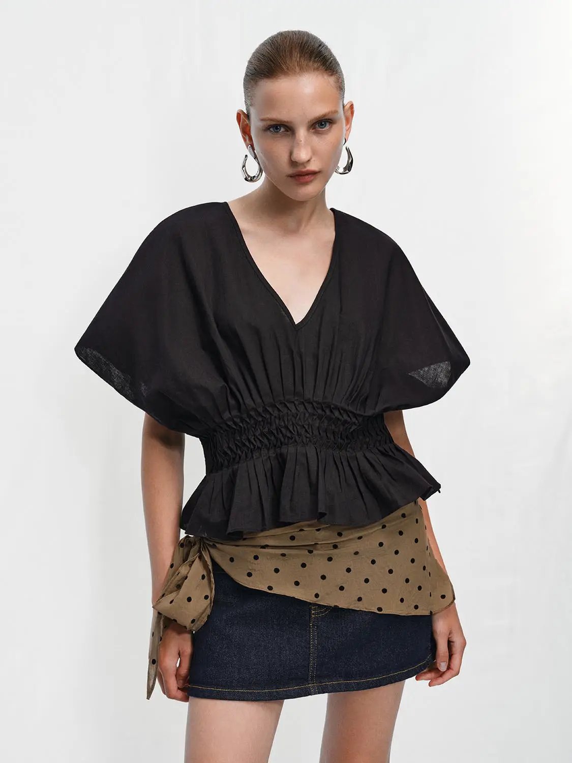 V-neck Puff Sleeve Smocked Waist Cotton Linen Blend Blouse