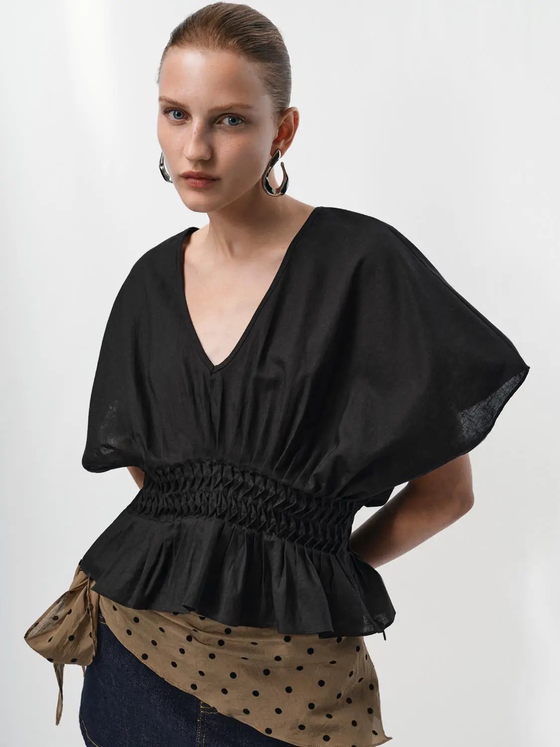 V-neck Puff Sleeve Smocked Waist Cotton Linen Blend Blouse