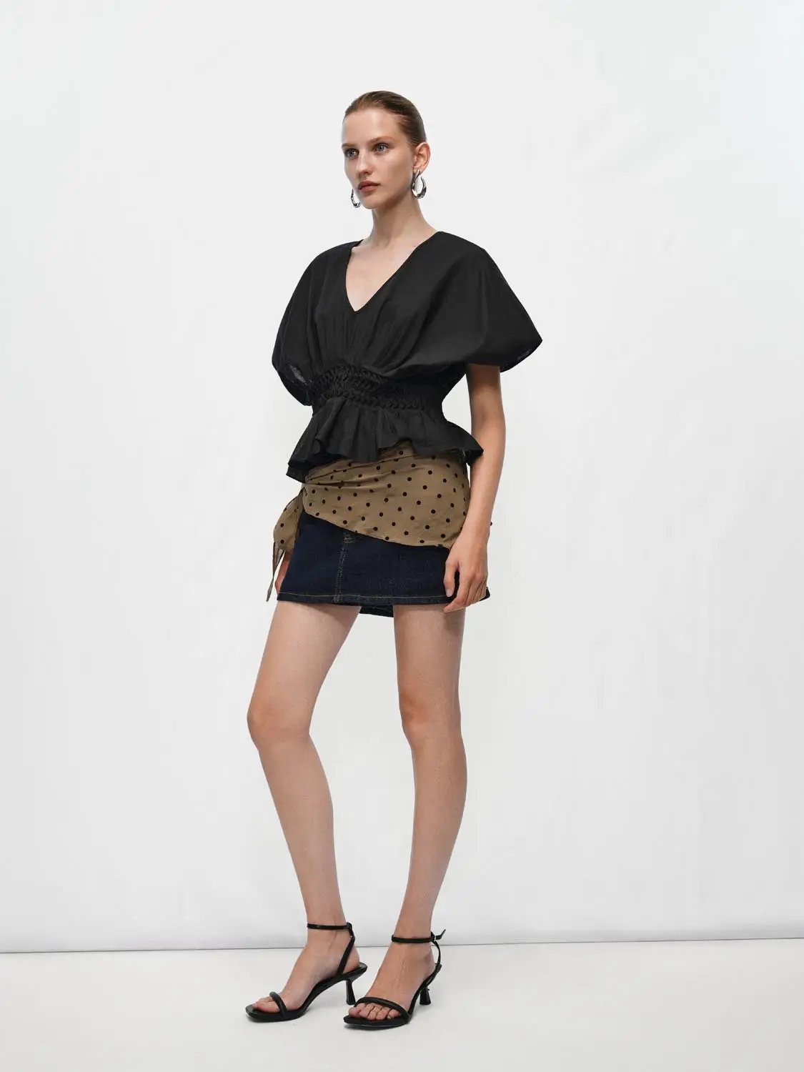 V-neck Puff Sleeve Smocked Waist Cotton Linen Blend Blouse