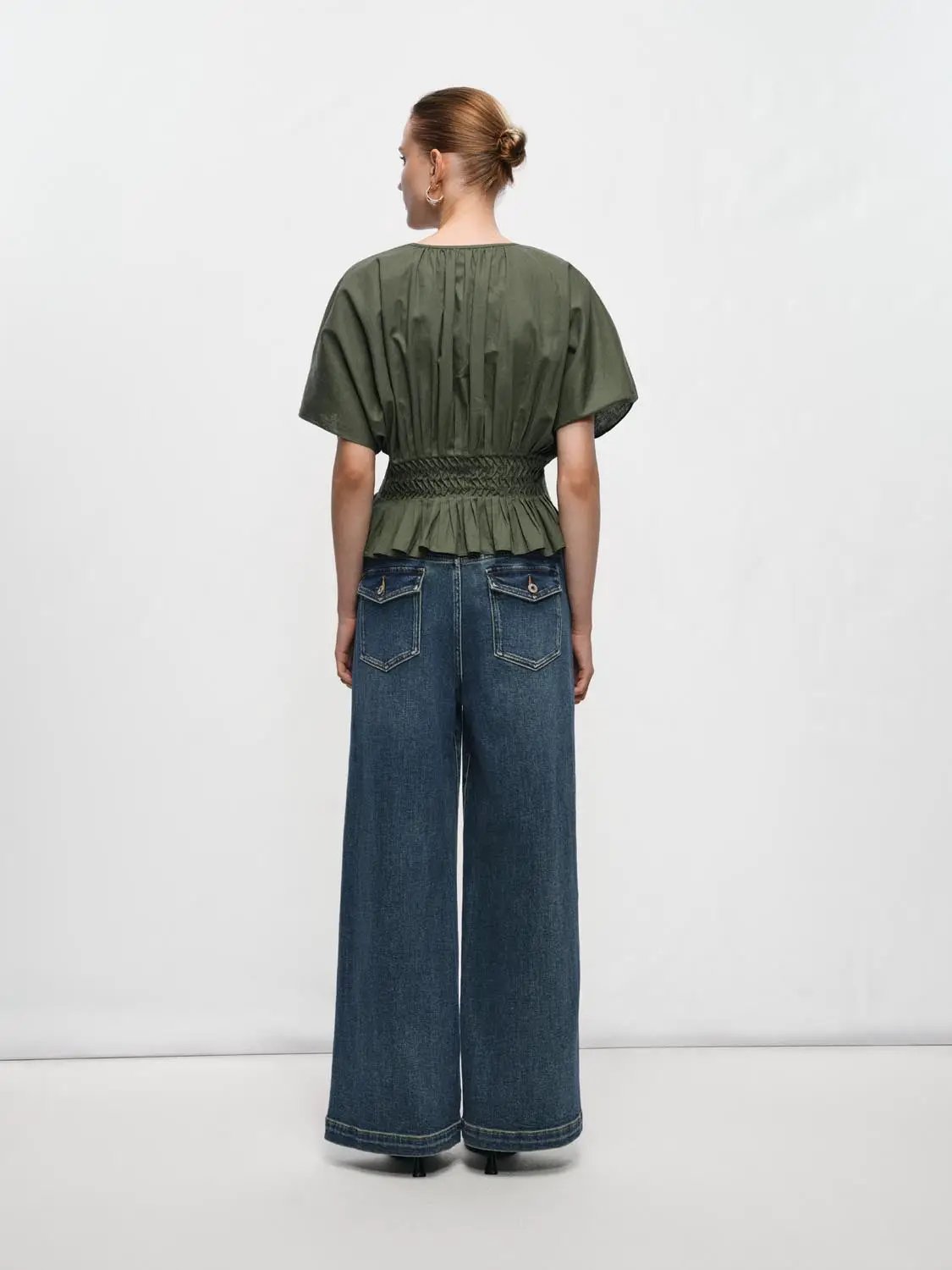V-neck Puff Sleeve Smocked Waist Cotton Linen Blend Blouse